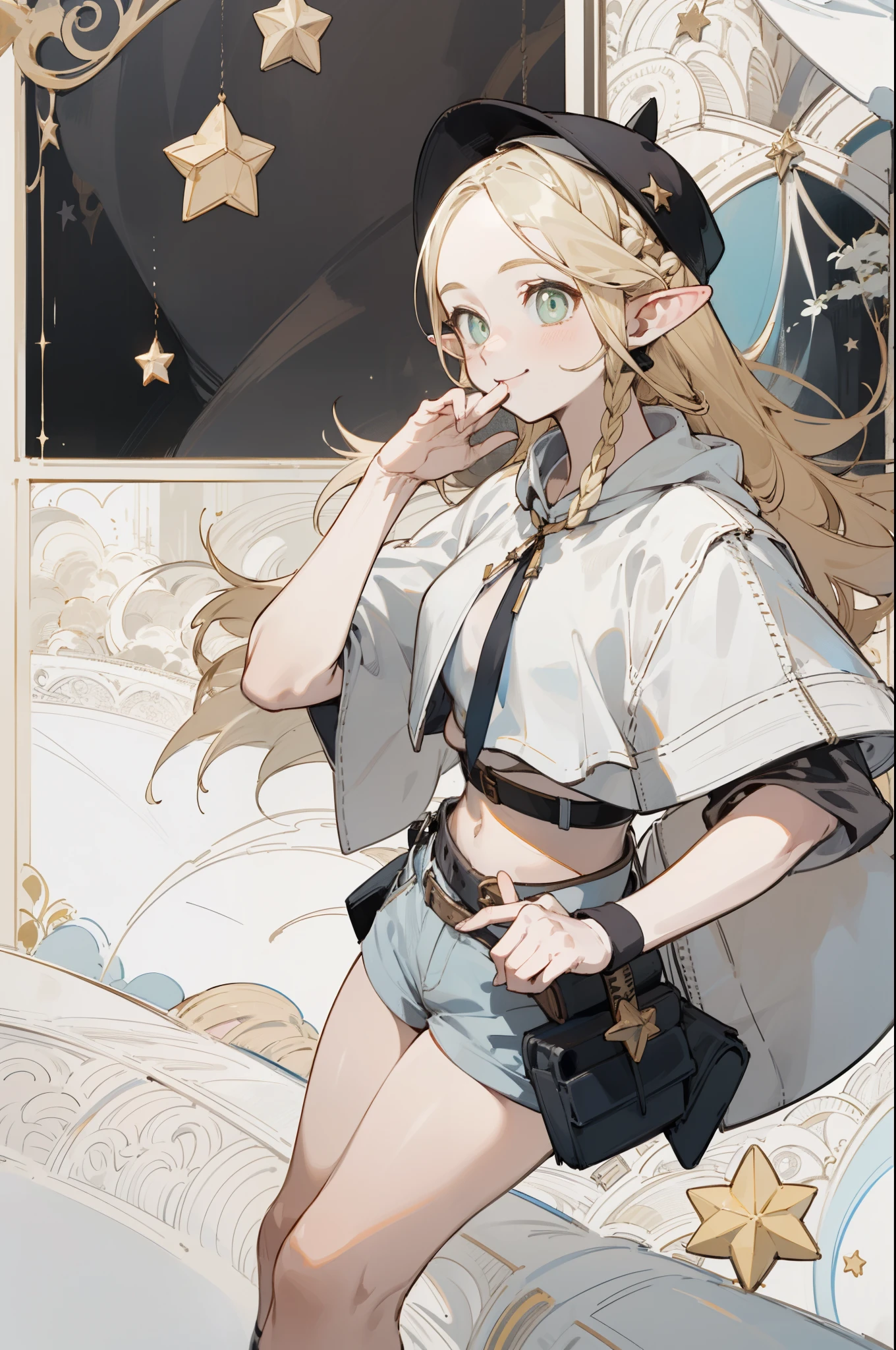 A bikini、Blonde girl wearing hat and silver accessories ,elegant, Pointed ears ,White shirt and shorts,Waist-length hair,Smile,Star decoration,White lace socks,thorns,Rose,Vest line