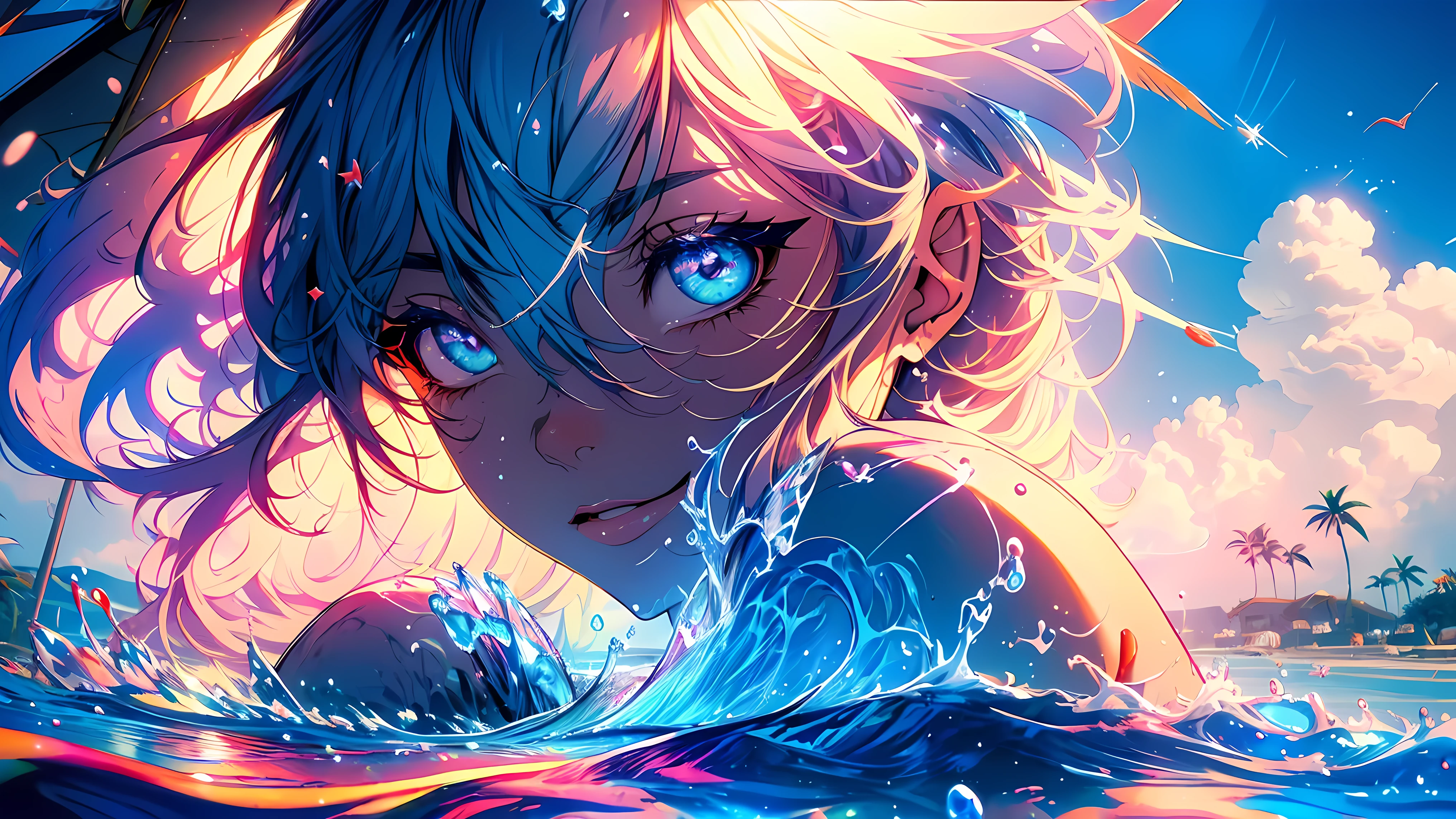 (best quality,highres,masterpiece:1.2), vivid colors, sharp focus,ultra-detailed,professional lighting,realistic,portraits,long hair,beautiful faces,expressive eyes,sensuous lips,summer vibes,beach scene,luxurious setting,crystal clear waters,exotic palm trees,white sand,sun-kissed bodies,tropical paradise,refreshing cocktails,relaxation and fun.