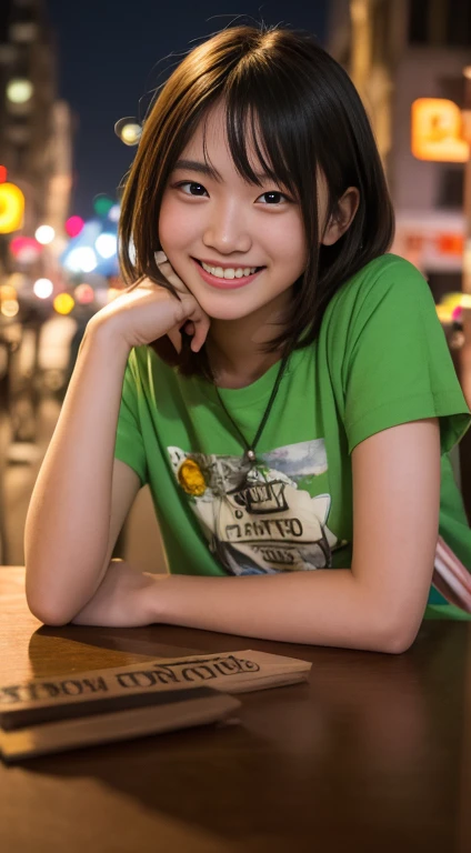 Tabletop, highest quality, 8k, 18-year-old, RAW Photos, Absurd, Award-winning portrait, smile, smile, alone, night, neon, Idol's face, Violet, Gardenias, Delicate girl, Full body photo, Standing posture、Model Body Type、Digital SLR, View your viewers, Frank, Sophisticated, Zola々right, Thin arms, Professional Lighting, Film Grain, chromatic aberration, (Eyes and facial details:1.0), (Bokeh:1.1) , Shoulder out、A tight, pastel-colored mini dress、Off the shoulder