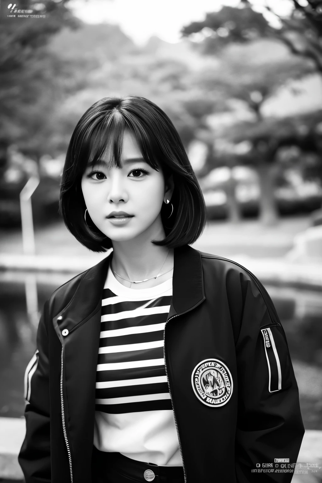 arafed woman with a black and white shirt and a black and white jacket, lalisa manoban of blackpink, roseanne park of blackpink, shot on canon eos r5, shot on canon eos r 5, portrait of jossi of blackpink, lalisa manobal, portrait of female korean idol, rollingstone magazine