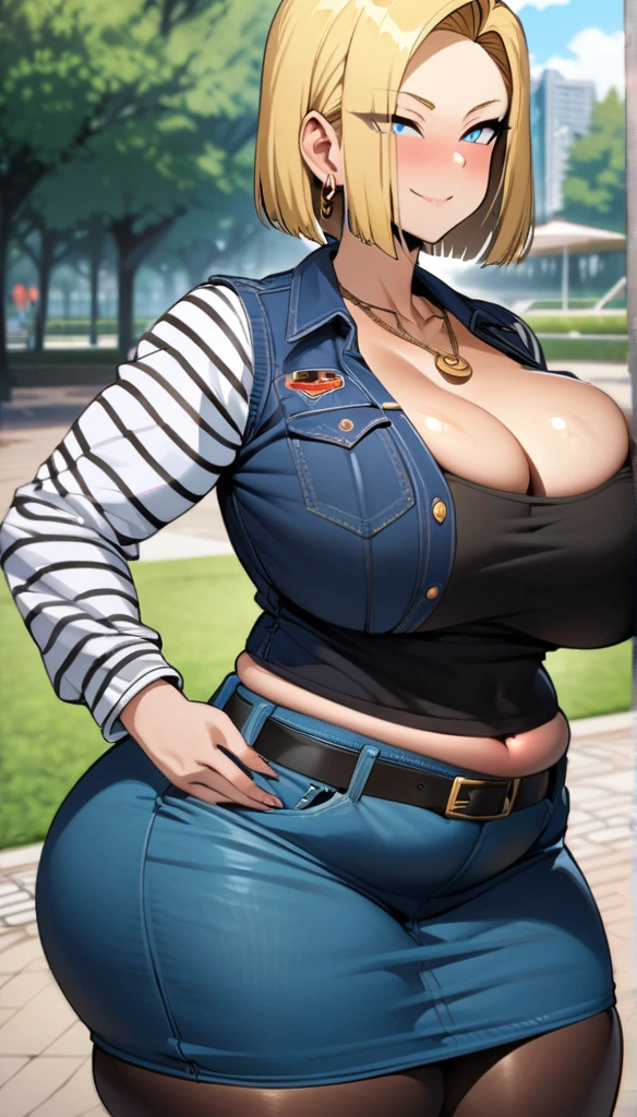 best quality, high-res, and18, 1girl, android 18, solo, blonde hair, blue eyes, belt, tight blue demin skirt, gold necklace, black shirt, short hair, long sleeves, striped sleeves, earrings, open vest, blue denim vest, massive fat breasts, cowboy shot, city park, full length pantyhose, very wide hips, tight clothes, sultry smile, very deep cleavage, massive wide fat round ass, big fat belly, sexy very curvy very fat very motherly body, slight blushing, bedroom eyes, from behind, looking back, deep fat navel,