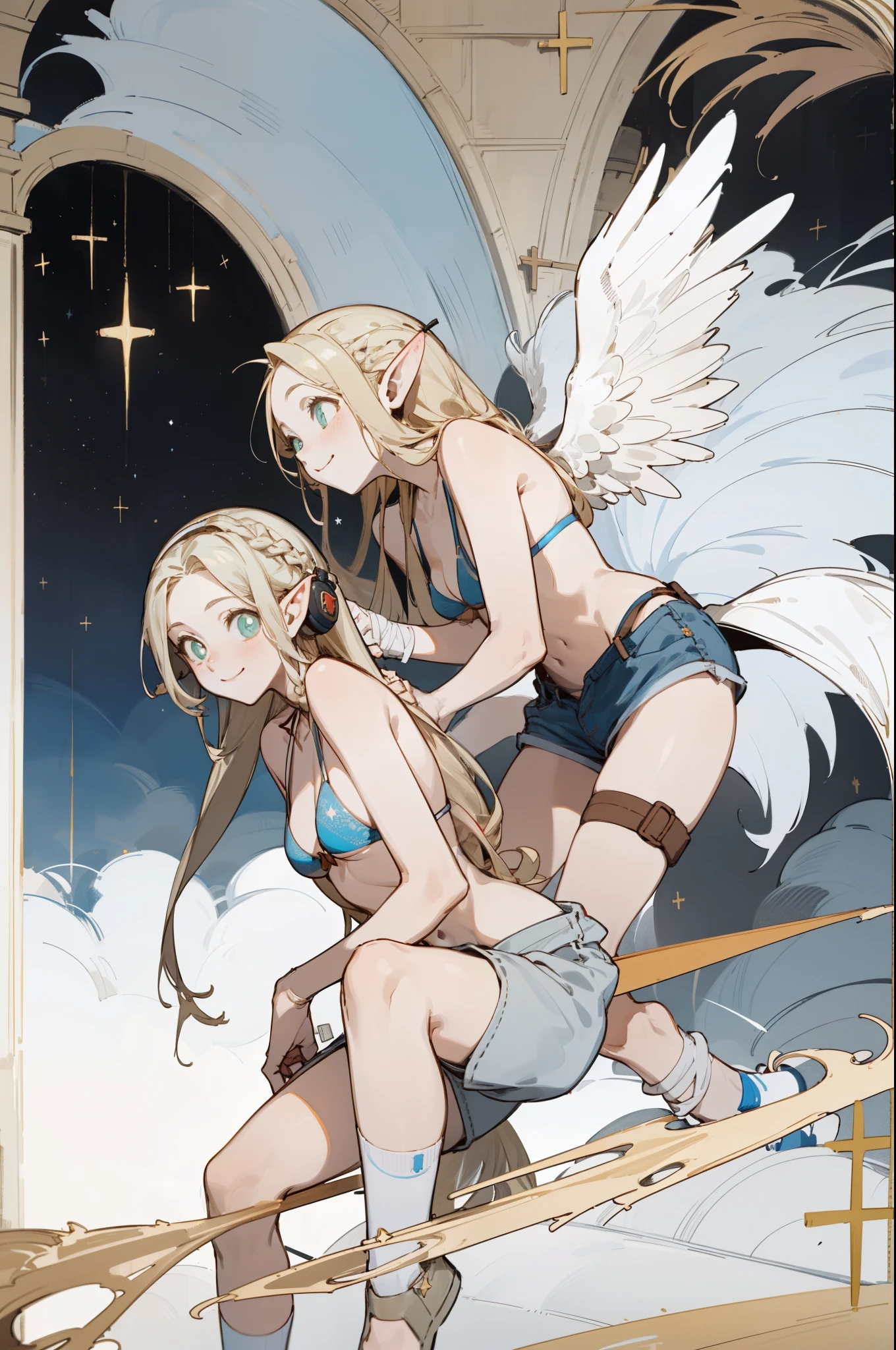 Wearing a bikini、Wearing a hat and a sword, Wearing headphones,(masterpiece, best quality) detailed,silver accessories , Blonde ,elegant, Pointed ears ，shorts，Double tail，Waist-length hair，Smile，Star decoration，White lace socks，Angel，bandage，Cross，cross