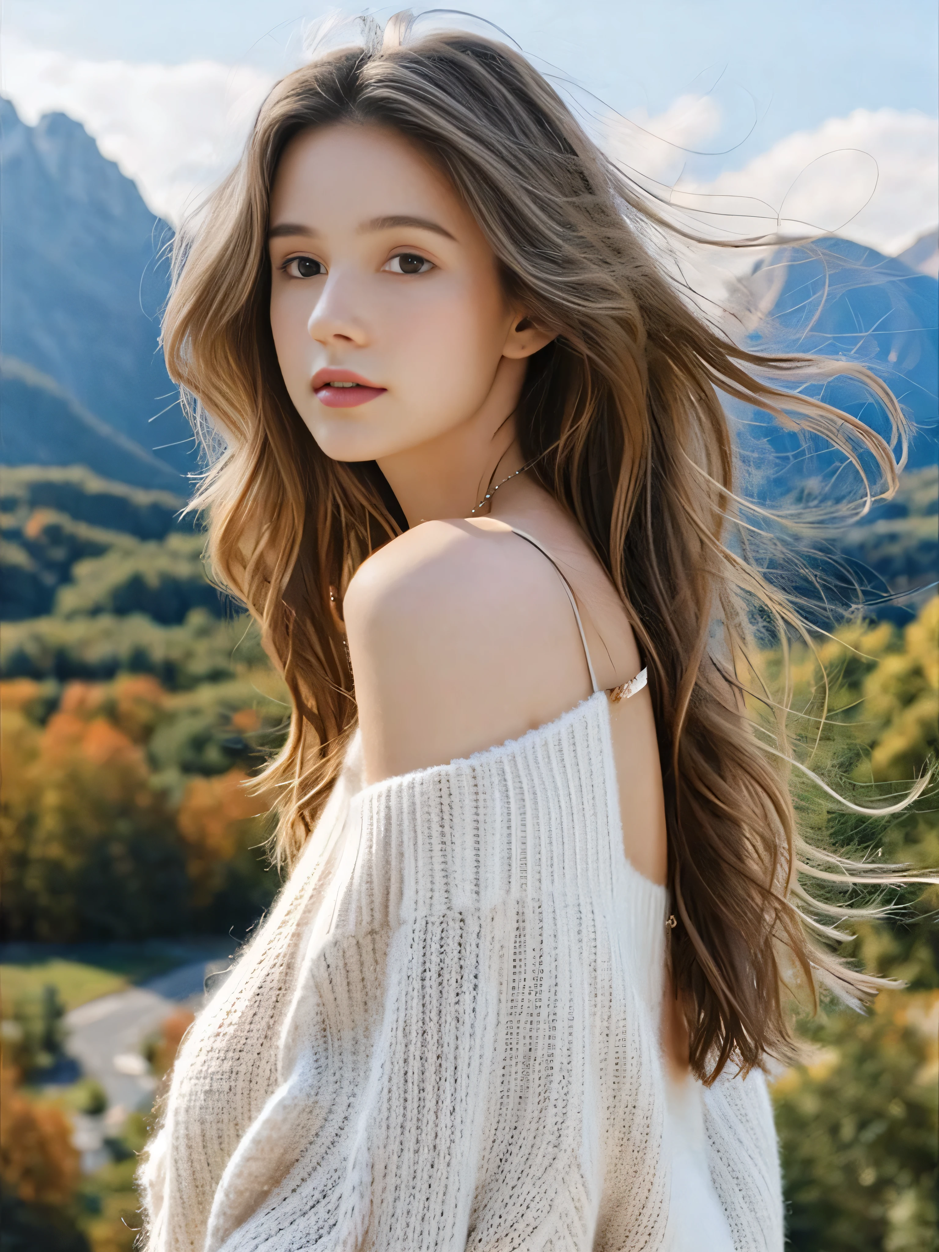 1girl in, age19, Solo, Middle hair,Wavy hair with gradients、 small tit, Looking at Viewer, long messy windy light brown hair, Bare shoulders, Full body, a necklace, off shoulders, White sweater, Realistic, A sexy, Colored leaves, mountains on background々.