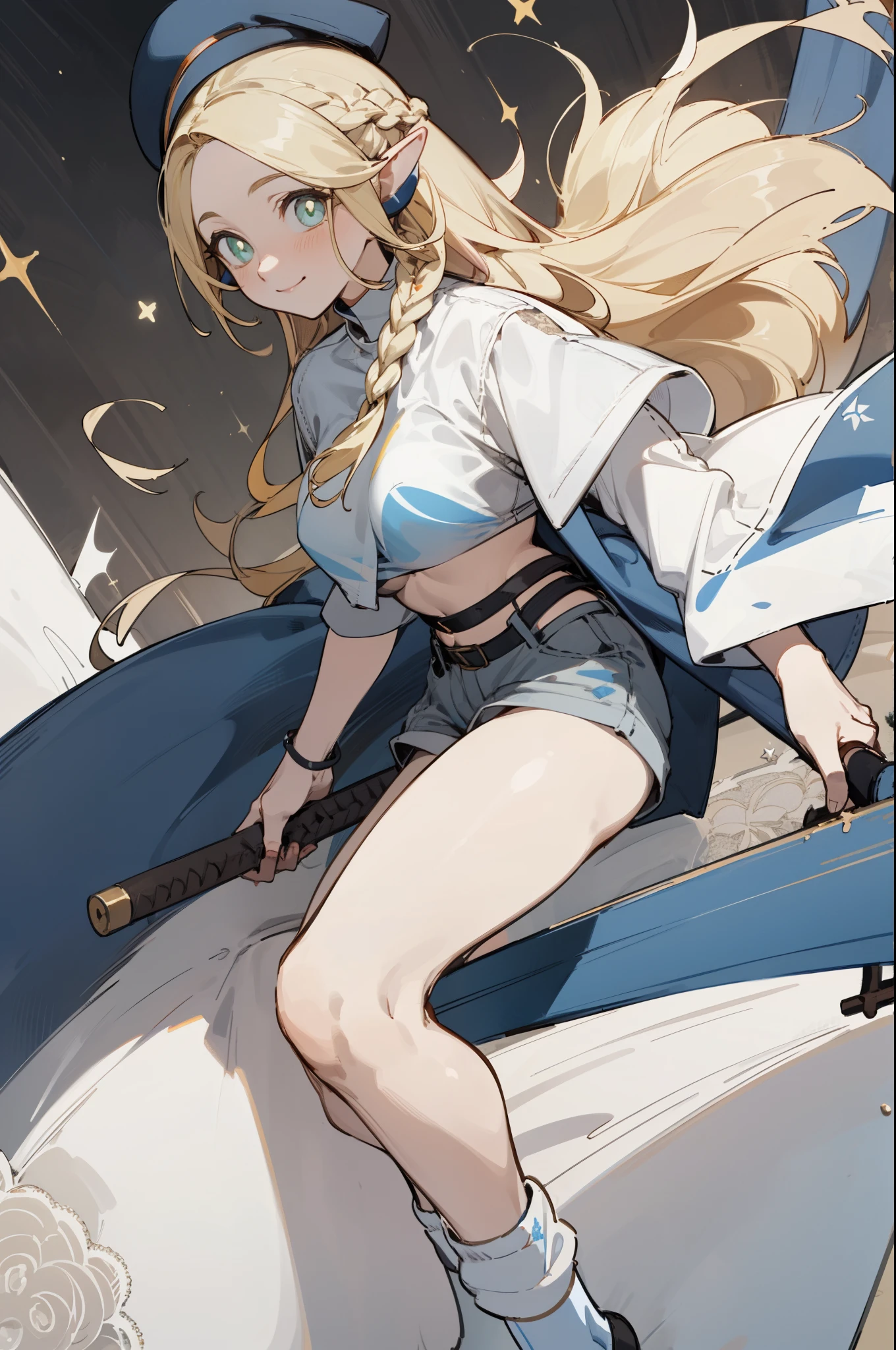 Wearing a bikini、Wearing a hat and a sword, Wearing headphones,(masterpiece, best quality) detailed,silver accessories , Blonde ,elegant, Pointed ears ,White shirt,shorts,Double tail,Waist-length hair,Smile,Star decoration,White lace socks,nun,Leakage of half of the breast
