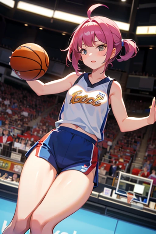 Basketball game、Taking a layup shot、Beautiful Japanese female athletes、cute、Big Eyes、Large Breasts、View from above、Jumping
