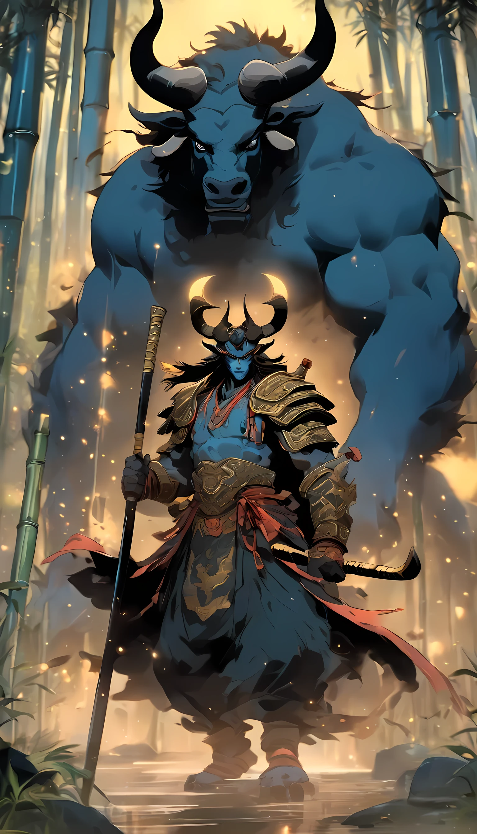 Minotaur in Greek mythology,Wearing Chinese armor,He wears a blue robe over his armor,Inspired by mountains and oceans,Black Minotaur,trumpet,armor,Long-handled weapon,spear,Moon Bull Warrior, Anthropomorphic samurai cow,night,bamboo forest,moonLight,Chinese Traditional Concept Art,Black Bull Warrior,Asura in Chinese mythology,8k resolution、((top quality))、((masterpiece))、((Ultra Detailed)),(HD,Ultra Detailed),masterpiece, High Detail, (high resolution, Ultra Detailed), Light, Motion Blur, Light line tracing, reflected Light, masterpiece, best quality, high quality, Anatomically correct, textured skin, High Details, Super detailed, 1080p, Ultra high quality,Convex,