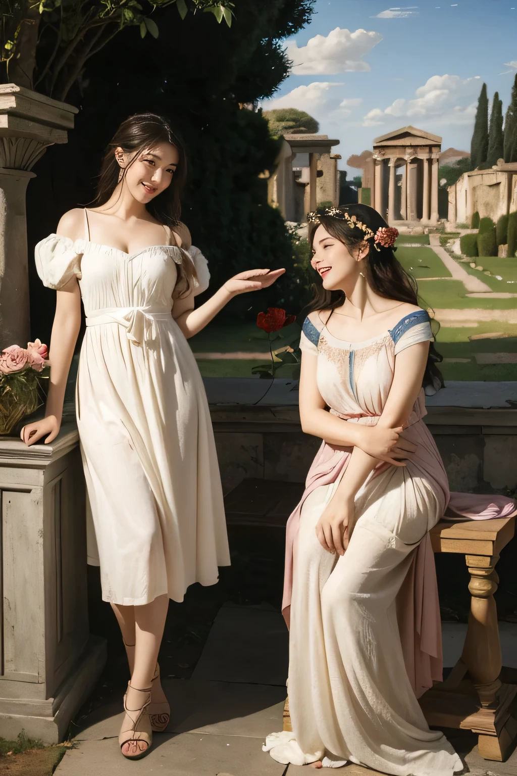 full body portrait or statue、Giorgione painting style,Arguments of two female Philosophe,math、astronomical machine、astronaut、roses in vase、fruits、Cute trinkets、smile、ancient greek costume、Ancient Roman landscape in the style of Nicolas Poussin,laughter,,Sweet and seductive appearance.、Caravaggio's paintings、Chiaroscuro of Caravaggio、hair tousled by the wind,Two women frolicking,cute smile, expression of ecstasy,Sexy,erotic,