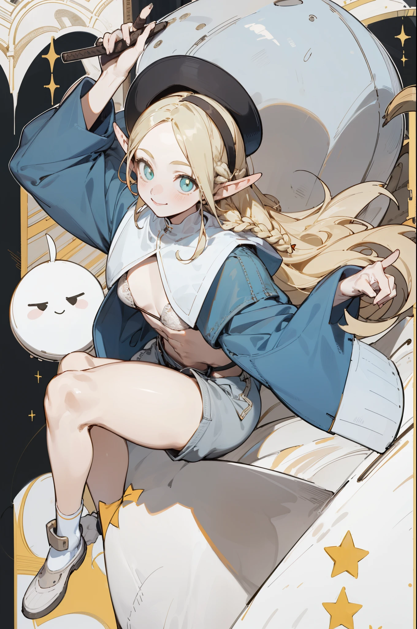 Wearing a bikini、Wearing a hat and a sword, Wearing headphones,(masterpiece, best quality) detailed,silver accessories , Blonde ,elegant, Pointed ears ,shorts,Double tail,Waist-length hair,Smile,Star decoration,White lace socks,nun,