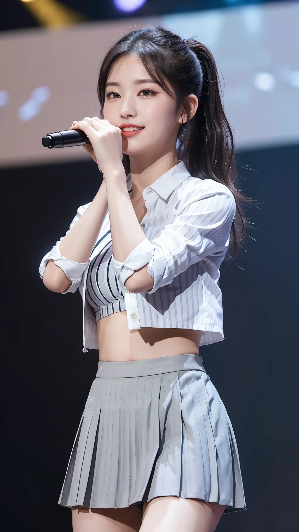 (8k), (highest quality: 1.2), (Realistic), (Realistic: 1.47), Ultra-high resolution, 1 girl, cute, smile, Mouth closed, (Thick lips:1.2),Red lips,Beautiful details, Beautiful Nose,(Straight shiny black hair),(ponytail),Stand on the concert stage,Hold the microphone in your right hand,Bend your elbows and raise your hands,(University uniform,stripe loose fit white shirts formal:1.2),(Grey thick pleated skirt:1.2),(open shirt:1.3),(Calvin Klein sports bra:1.2),(knees),(Medium Shot),