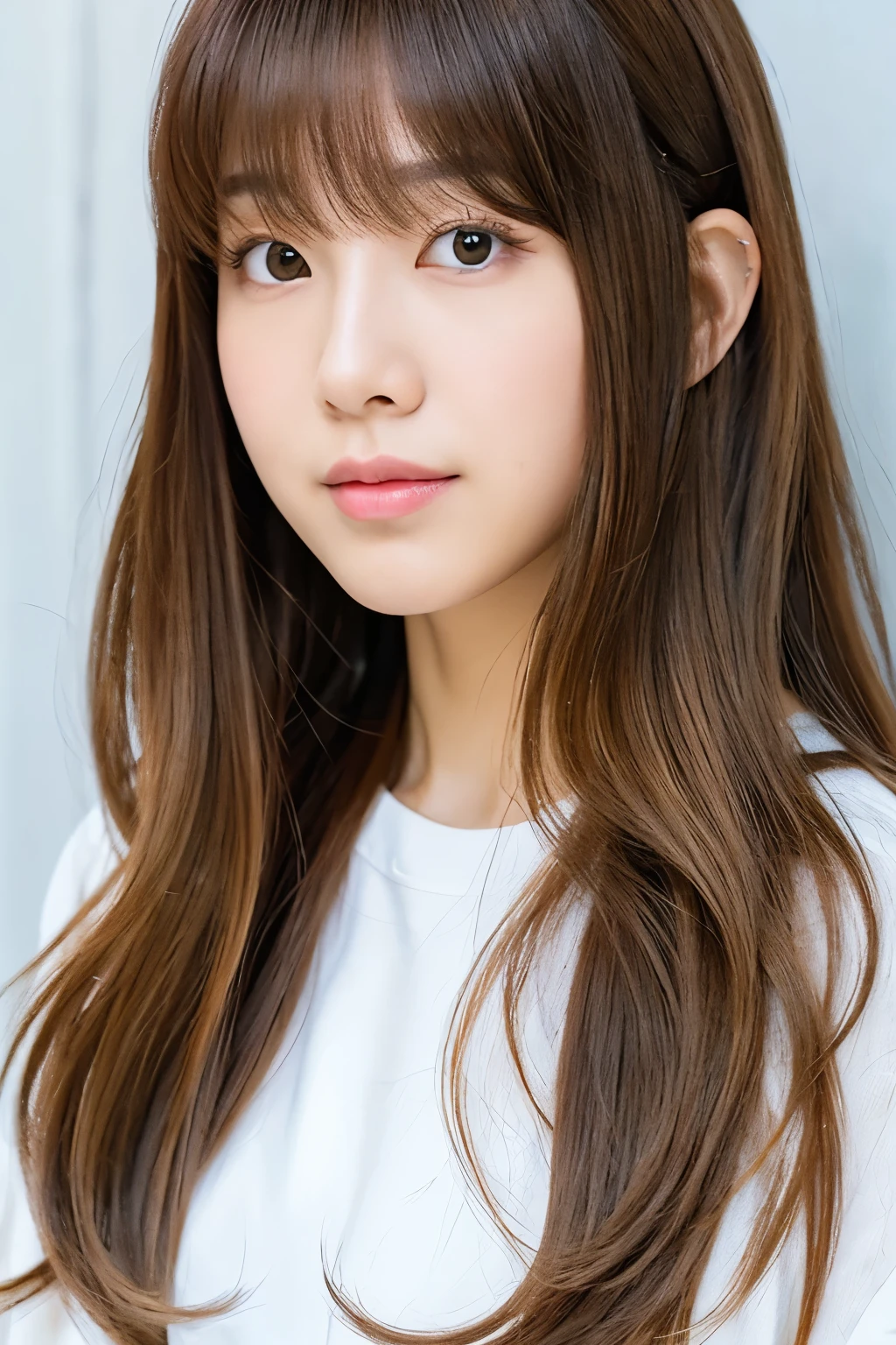 a close up of a woman with long hair and a white shirt, lalisa manobal, lalisa manoban of blackpink, neat hair with bangs, with bangs, fluffy bangs, with full bangs, brown bangs, brown hair and bangs, chiho, long hair with bangs, brown hair with bangs, bangs, long hair with full bangs