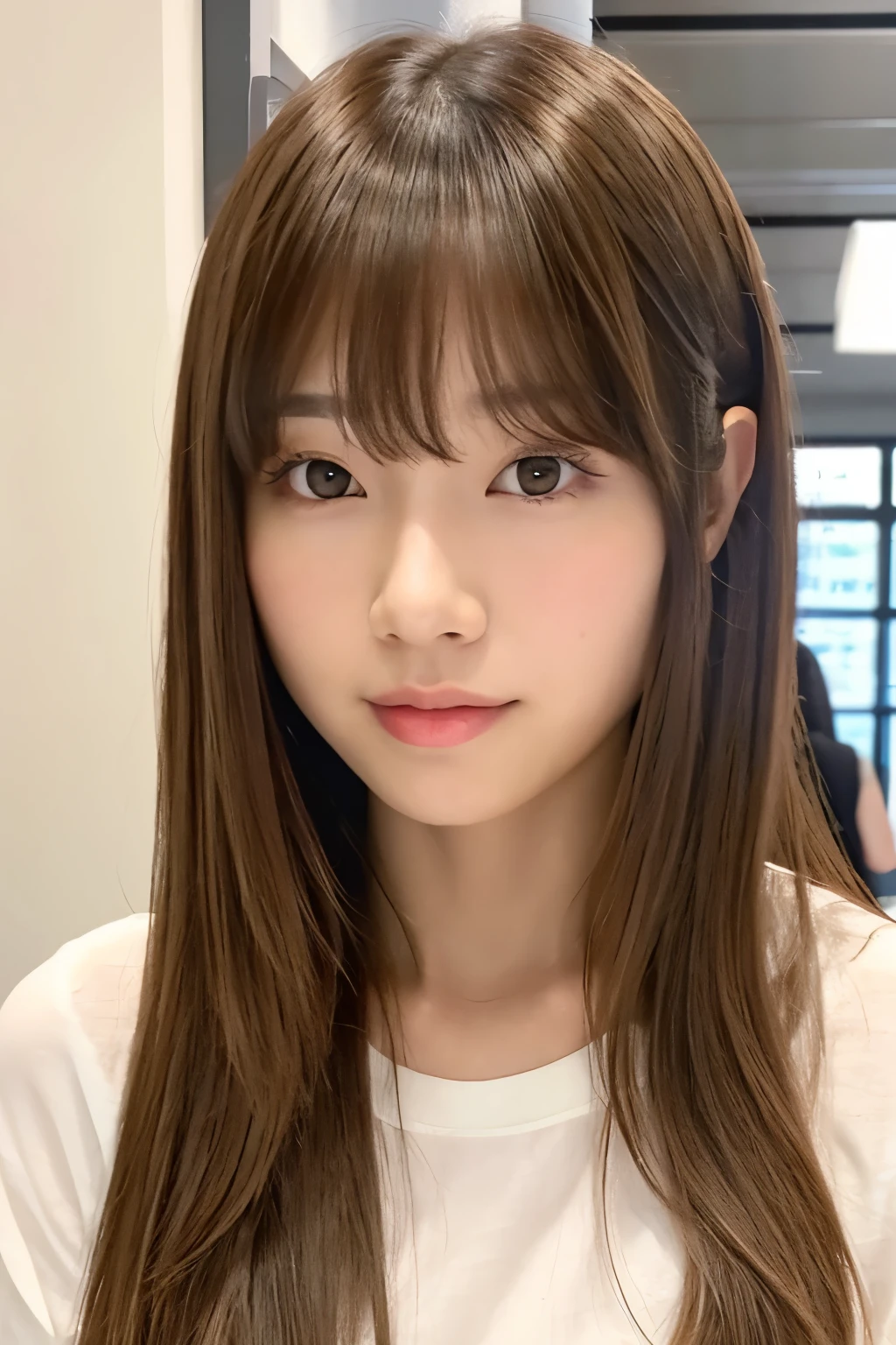 a close up of a woman with long hair and a white shirt, lalisa manobal, lalisa manoban of blackpink, neat hair with bangs, with bangs, fluffy bangs, with full bangs, brown bangs, brown hair and bangs, chiho, long hair with bangs, brown hair with bangs, bangs, long hair with full bangs
