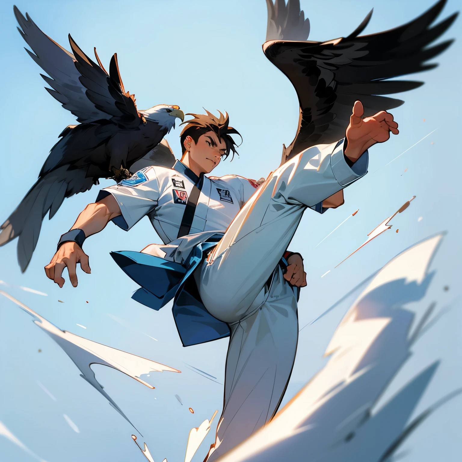 caricature image of an eagle wearing a taekwondo uniform doing an upward kick