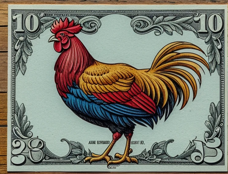 A rooster made of dollars 