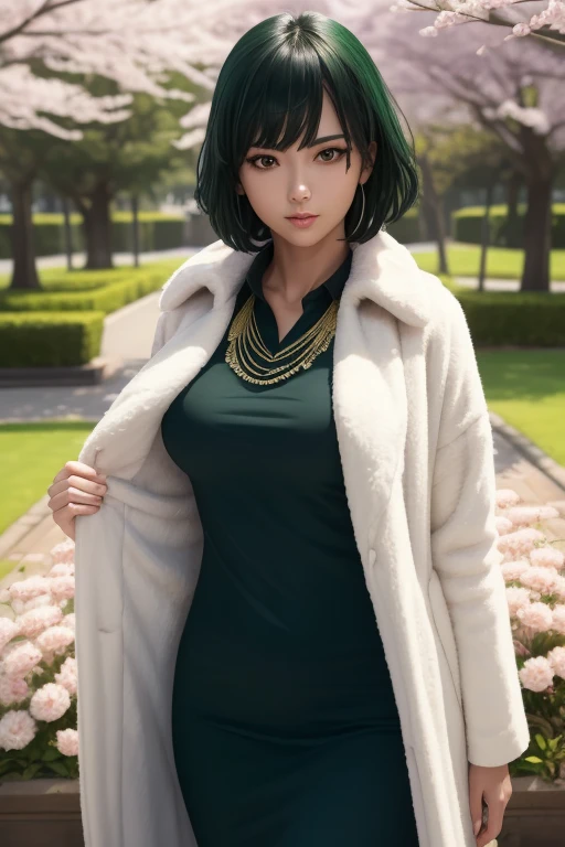 masterpiece, best quality, 1girl, detailed face features, beautiful face, fubuki, green hair, taut clothes, fur coat, jewelery, necklace, mature female, perfect female body, large breasts, standing, outdoor, garden, cherry blossoms, looking at viewer, expressionless