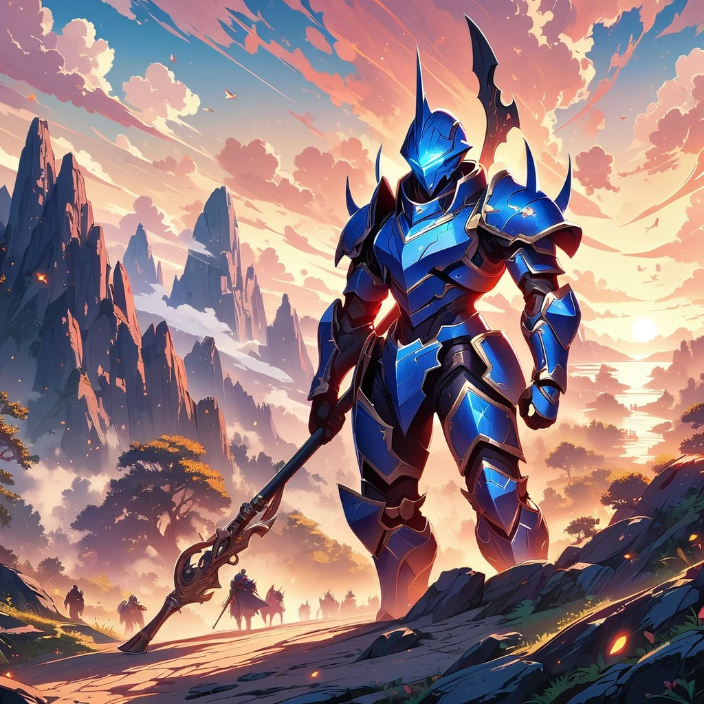 (masterpiece: 1.2), best quality, High resolution, HD, unified 8k wallpaper, (illustration: 1.0), Beautiful detailed, Very detailed, perfect lighting, Very detailed CG, glowing Eyes, backlight, armor, False trumpet, glow, Full armor, War Armor, humanoid_, trumpet, helmet, mask, sample_background, arms, monster, blue_armor, looking at the audience, alone, view, Armed with a scythe