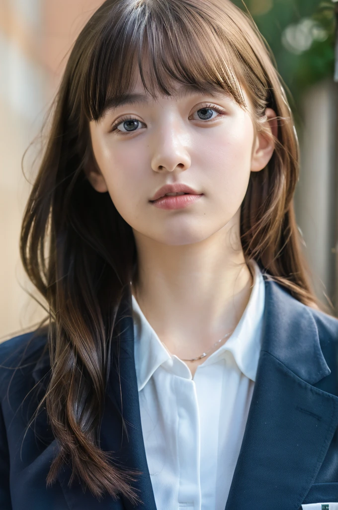 ( masterpiece, top quality, best quality,8k,17 years old girl,ultra detailed,raw photo:1.5),(photorealistic:1.4),(cinematic lighting), PerfectNwsjMajic, , Surrealism, UHD, ccurate, Super detail, textured skin, High detail, Best quality, dynamic angle, (high nose,White skin),[Beautiful blue eyes],[flat chest:large breasts:0.5],(1girl),(good anatomy:0.5)), parted bangs, schools uniform 