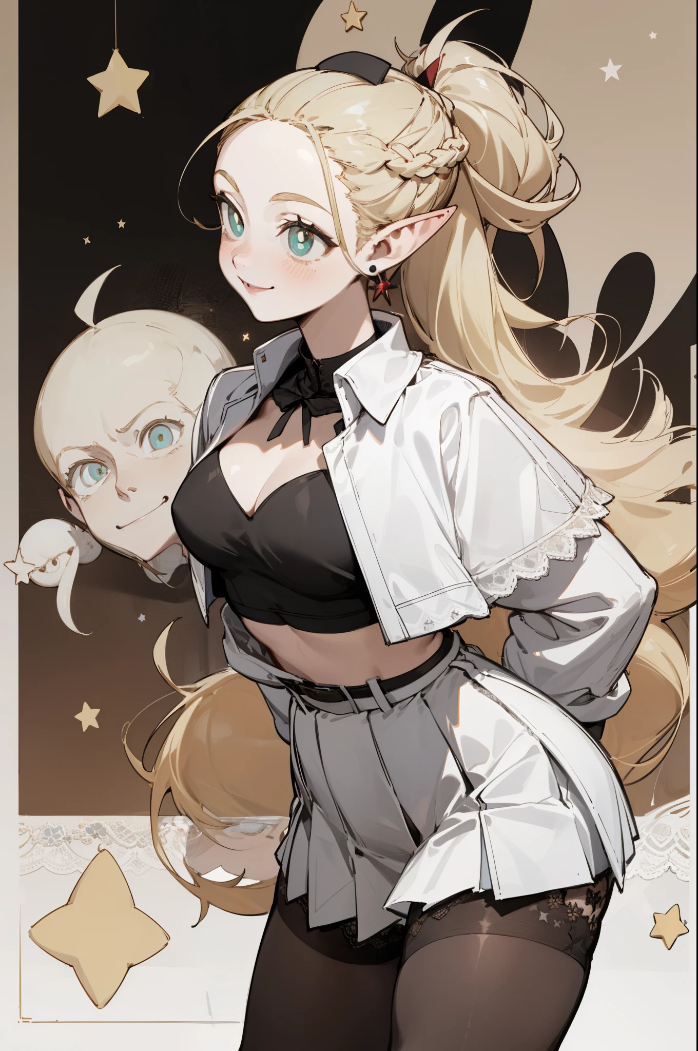 A girl in a black bikini、Wearing a hat，masterpiece, best quality) detailed,silver accessories , Blonde ,elegant, Pointed ears ，Black shirt，Black pleated skirt，Ponytail，Waist-length hair，Smile，Star decoration，Lace lace socks，vampire，Lace underwear，Lace stockings，Exposing thighs，（Nurse Clothing）