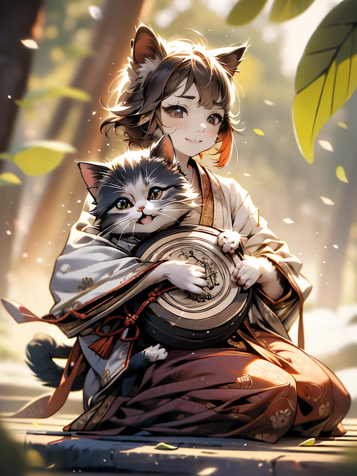 Shiny Hair, No makeup, masterpiece, Realistic, highest quality, High resolution, Shining Eyes,Eyebrows far apart 0.5, chuckle, Japanese Idols, Three-haired cat, (茶色が多めで黒と白のThree-haired cat)
