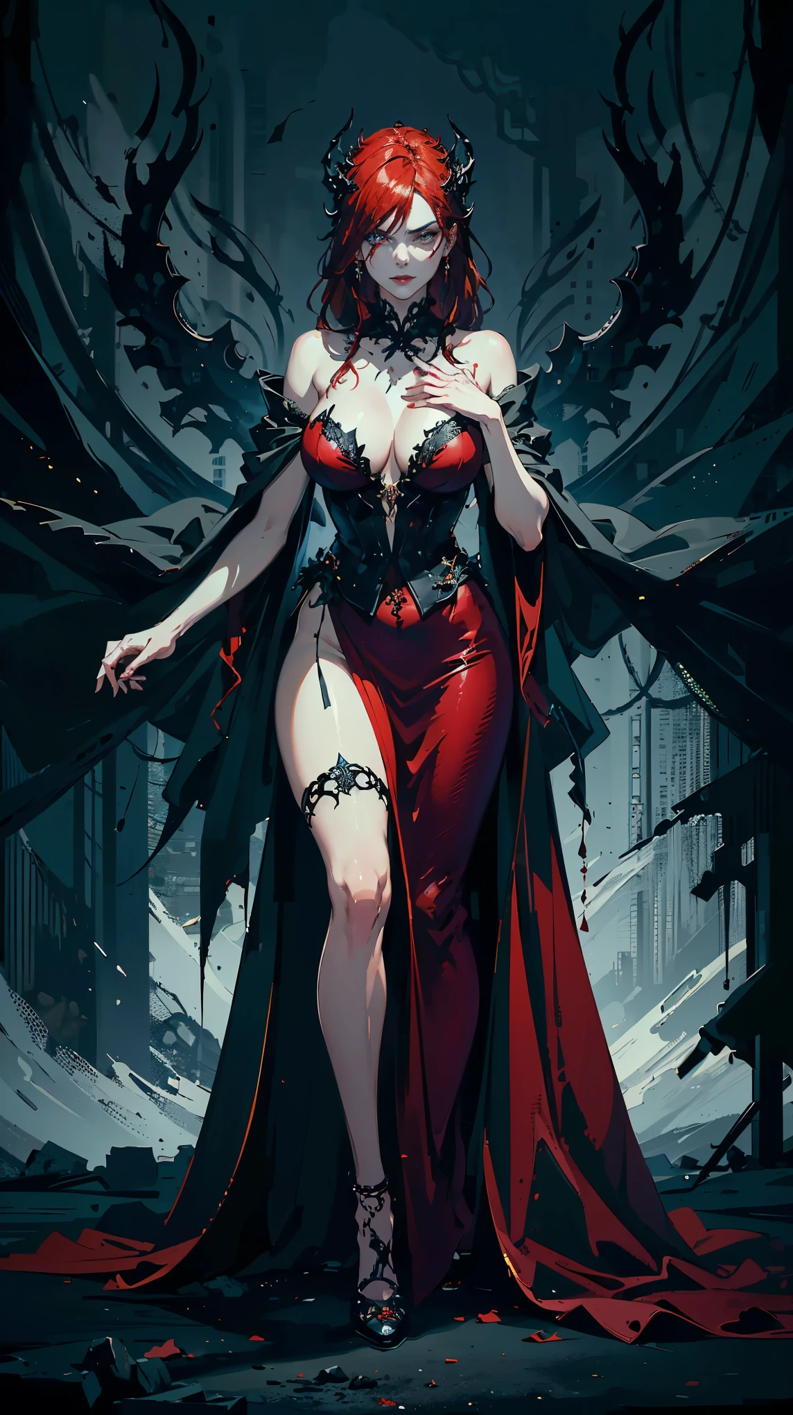 NSFW, best quality (4K, high resolution, masterpiece:1.2), ultra-detailed, realistic (photo-realistic:1.37), Eira, the Red Queen of Wrath, mesmerizing enchantress, portrait, ((standing with a captivating red velvet gown)), ((standing provocatively)), alluring yet intimidating gaze, hypnotic, demonic eyes, poised stance, ((flowing fiery red hair)), with flickers of hellfire, intense and ominous aura with a hint of darkness, pure (red velvet color scheme), sharp focus, perfect, ominous lighting, confident, sinister demeanor, intriguingly wicked smile, powerful wrath magic and sinister energy radiating from her eyes, war-torn landscape with a dark, foreboding background, entrancing yet eerie atmosphere, inspired by fantasy art and dark mythology, emphasizing her allure, fury, and malevolent charm, meticulous attention to facial details showcasing her stunning beauty, elaborate, warlike costume design, striking visual impact, expressive yet wicked facial features, supernatural elements blended with a sinister reality, (exceptionally detailed:1.3), super finely detailed and clawed hands, ultra finely detailed fingers (ten fingers), (suggestive and intimidating posing), ((full body showcase)), no logos in the background.