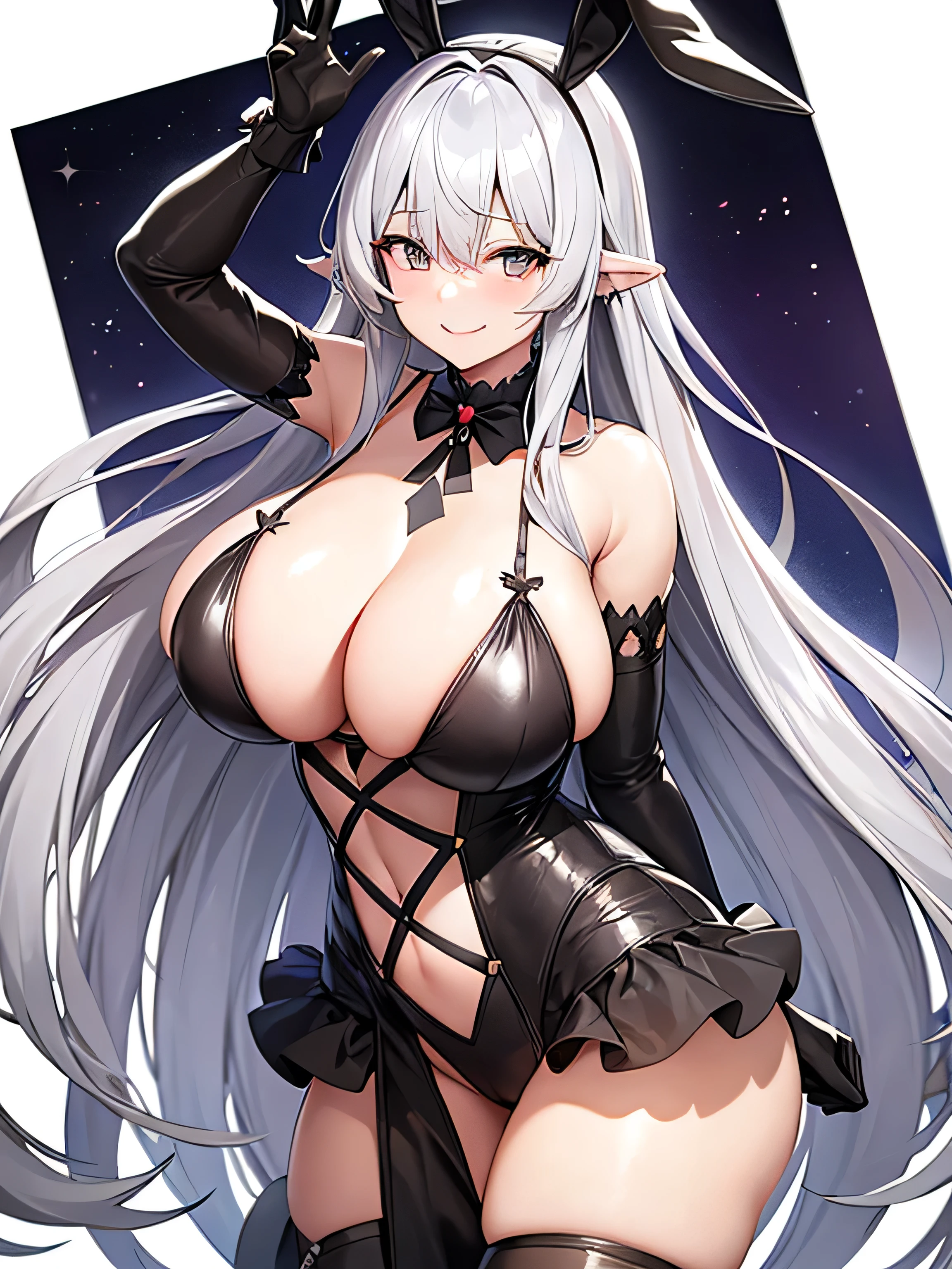 Gray Hair、Long Hair、(Big Breasts)(Big areola)、Triangular ears、smile、Bunny Suit、Cabaret Club