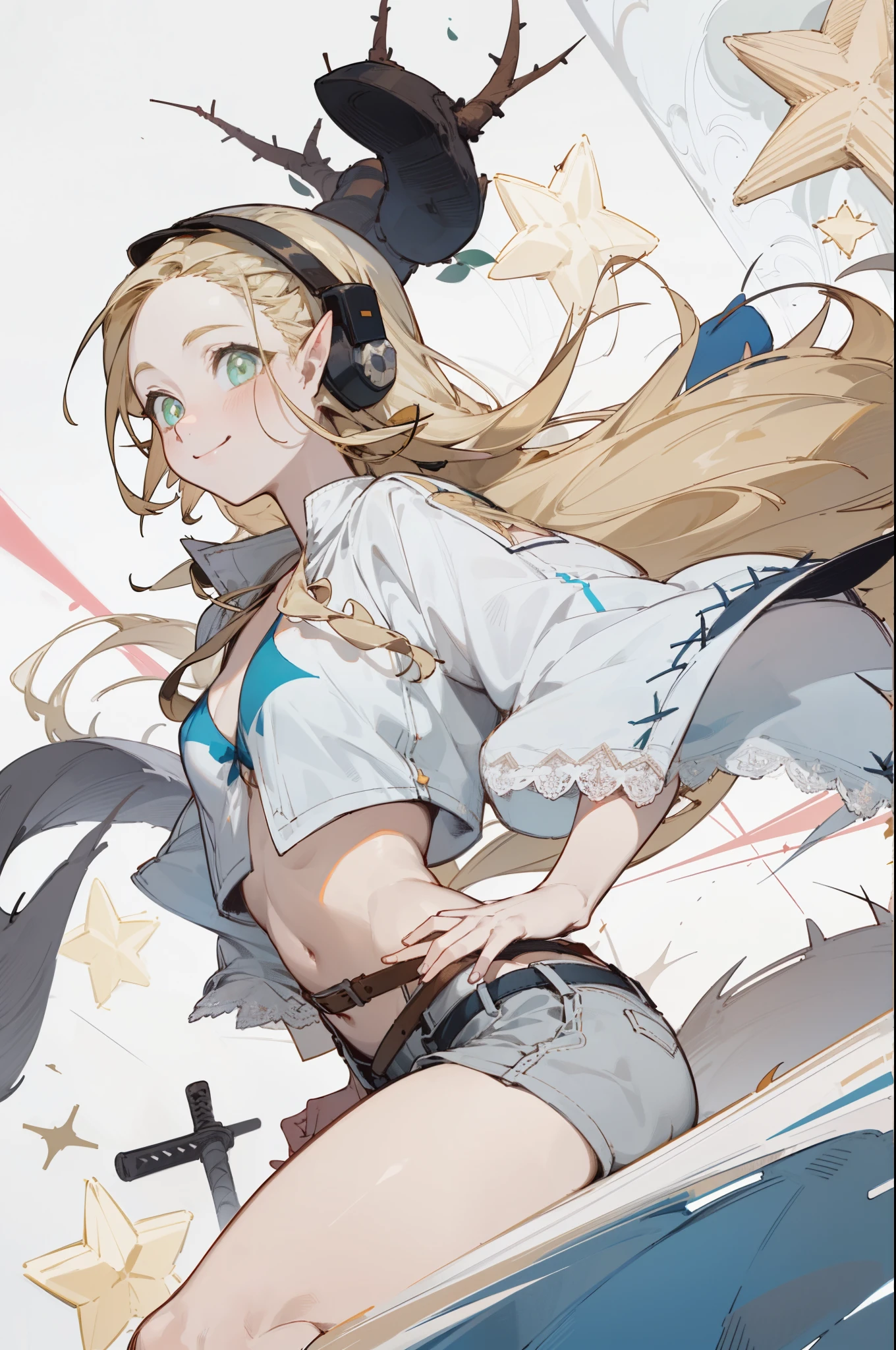 Wearing a bikini、Wearing a hat and a sword, Wearing headphones,(masterpiece, best quality) detailed,silver accessories , Blonde ,elegant, Pointed ears ,White shirt,shorts,Double tail,Waist-length hair,Smile,Star decoration,White lace socks,thorns,Rose