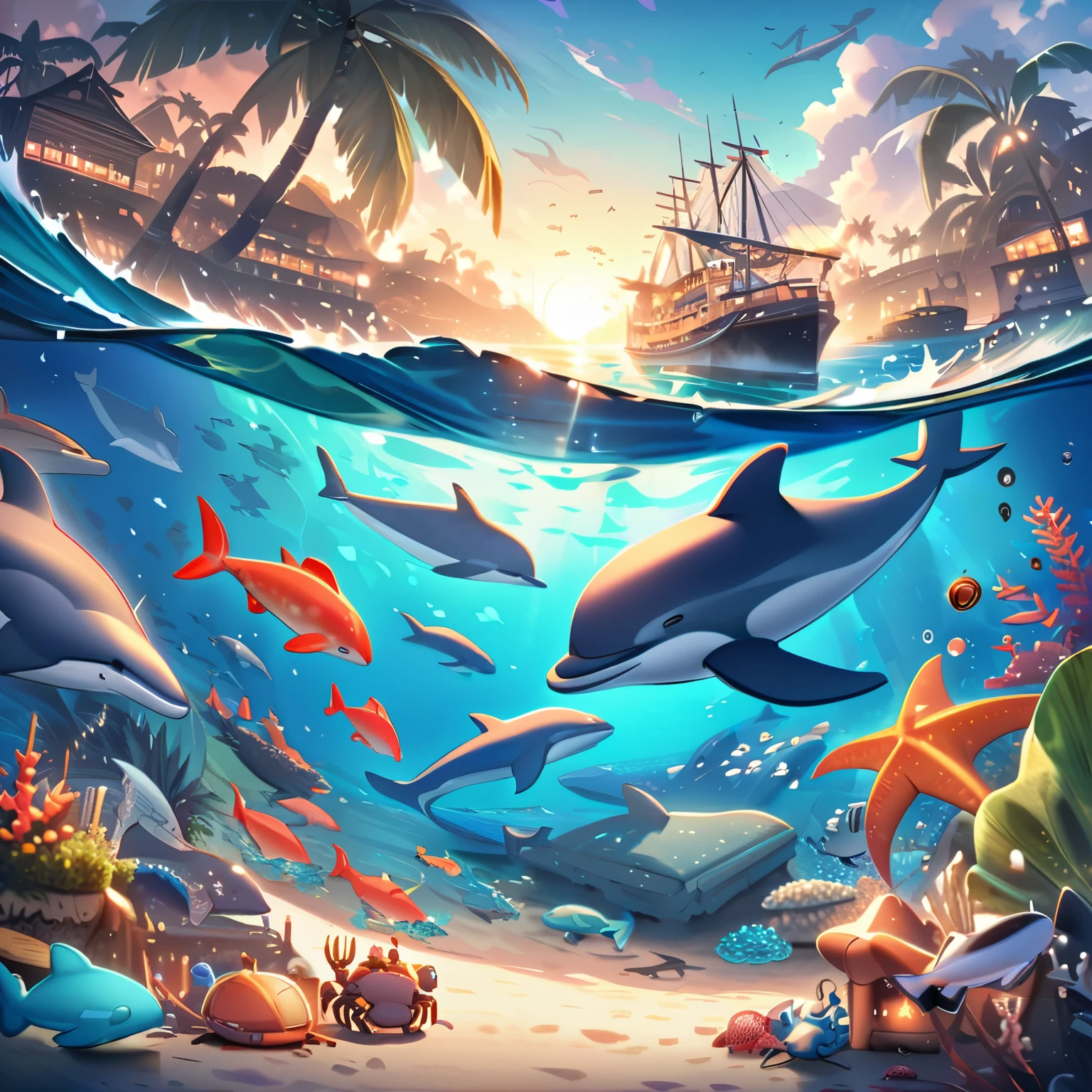 "Create illustrations of seaside scenes, Sea of ​​night,whales, dolphins, crabs, palm trees, ships, and a world of playful and colorful toys."