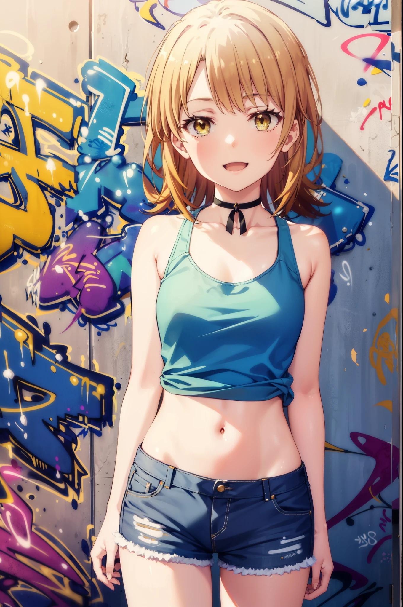 irohaisshiki, Iroha Isshiki, Long Hair, Brown Hair, (Brown eyes:1.5), smile,happy smile, smile, Open your mouth,Short braided hair,White Hair Band, Belly button,Tank top,Denim shorts, choker, (graffiti:1.5), Paint splashes, Place your arms behind your back, Against the wall, Looking at the audience , Thigh straps, Tilt your head, was bored,break outdoors, alley,break looking at viewer, (Cowboy Shot:1.5), break (masterpiece:1.2), highest quality, High resolution, unity 8k wallpaper, (shape:0.8), (Beautiful and detailed:1.6), Highly detailed face, Perfect lighting, Extremely detailed CG, (Perfect hands, Perfect Anatomy),