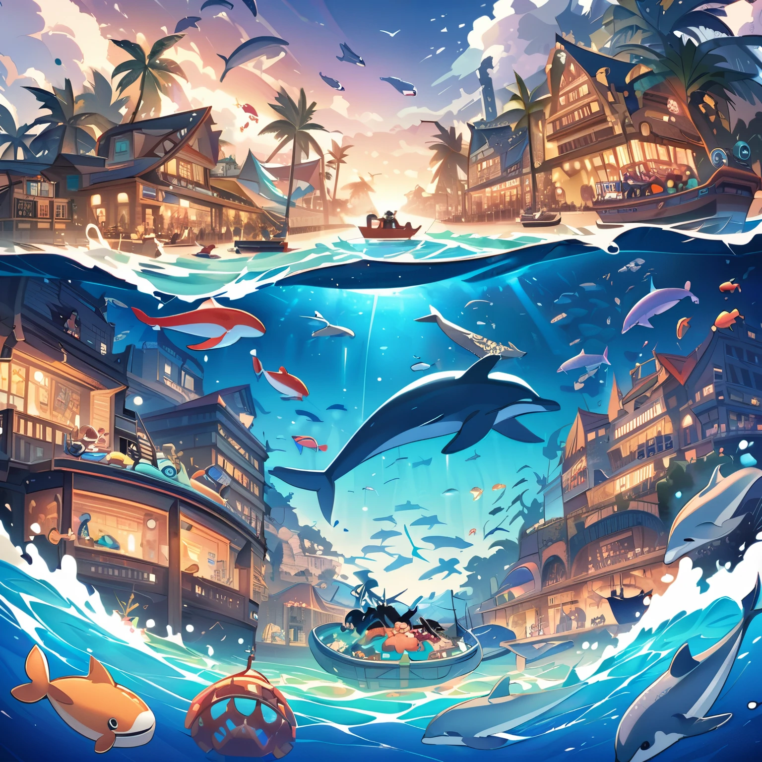 A bustling underwater marketplace on a coral reef, with schools of colorful fish swimming amongst merfolk merchants selling pearls and seashells.