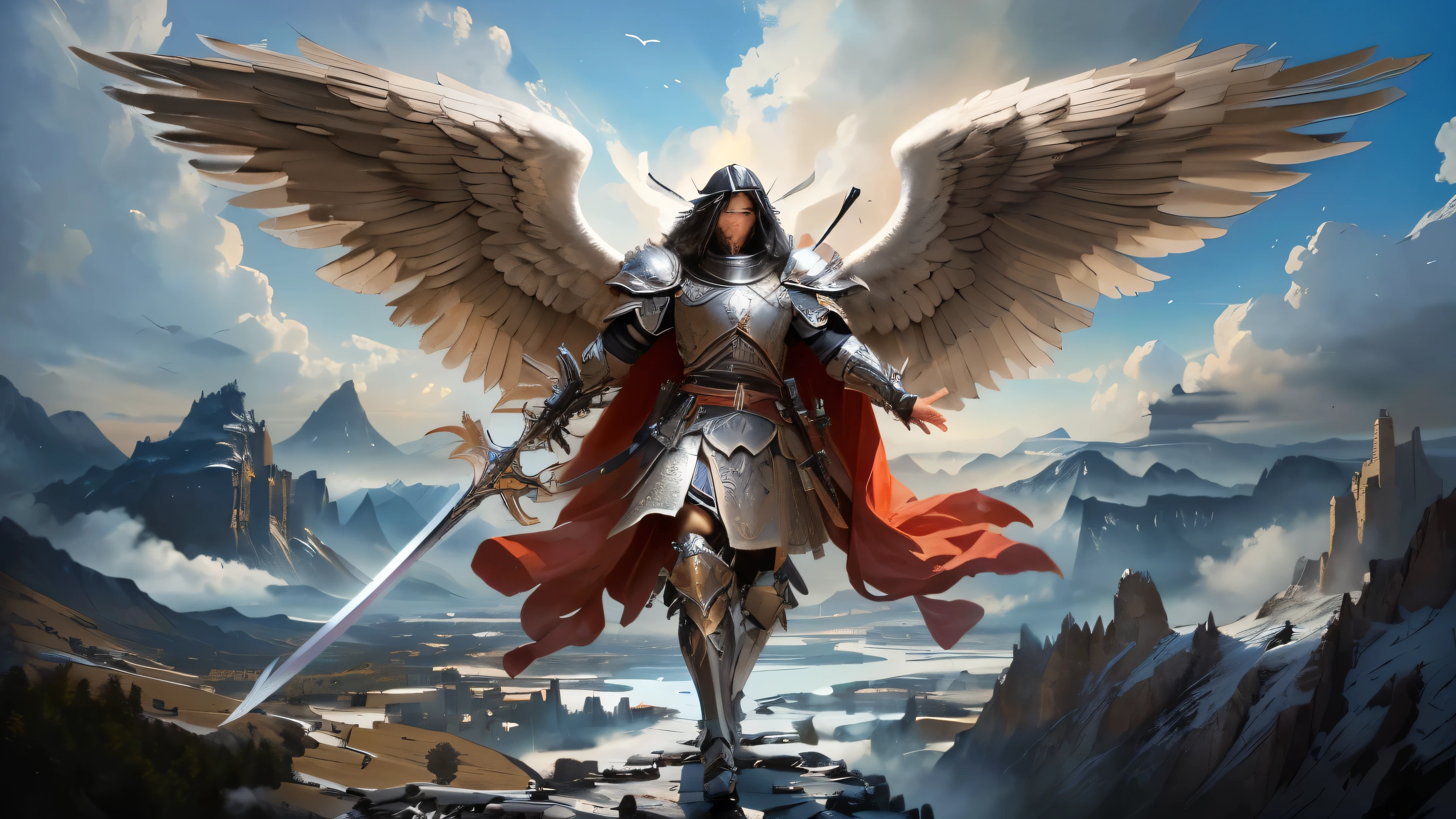 Make a very real image of the black archangel Saint Gabriel with a warrior's armor and a sword in his hand, with large black wings and in the background you can see a valley with large mountains, a river and white birds flying around