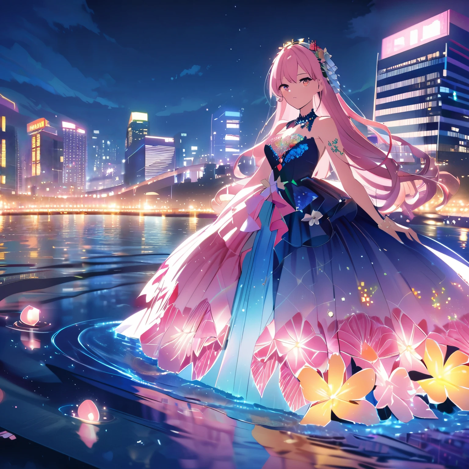 Create an anime-style illustration of a character wearing an elaborate Hawaiian dress adorned with flowers and jewels, set against a brightly lit nighttime beach backdrop. The dress should have multiple layers and ruffles, with jewels of different colors embedded throughout. The character's pink hair should be long and flowing to complement the intricate design of the dress. The cityscape should be vibrant at night, with the cityscape lit up in different colors and the streets buzzing with lights indicating an active nightlife. Include the reflection of light from the buildings in the water bodies between them.