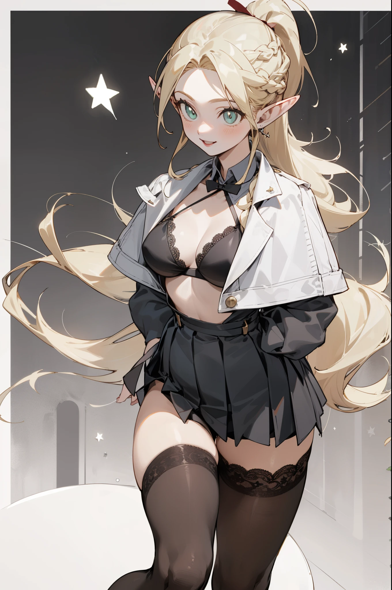 A girl in a black bikini、Wearing a hat,masterpiece, best quality) detailed,silver accessories , Blonde ,elegant, Pointed ears ,Black shirt,Black pleated skirt,Ponytail,Waist-length hair,Smile,Star decoration,Lace lace socks,vampire,Lace underwear,Lace stockings,Exposing thighs,(Nurse Clothing),Wearing black tights