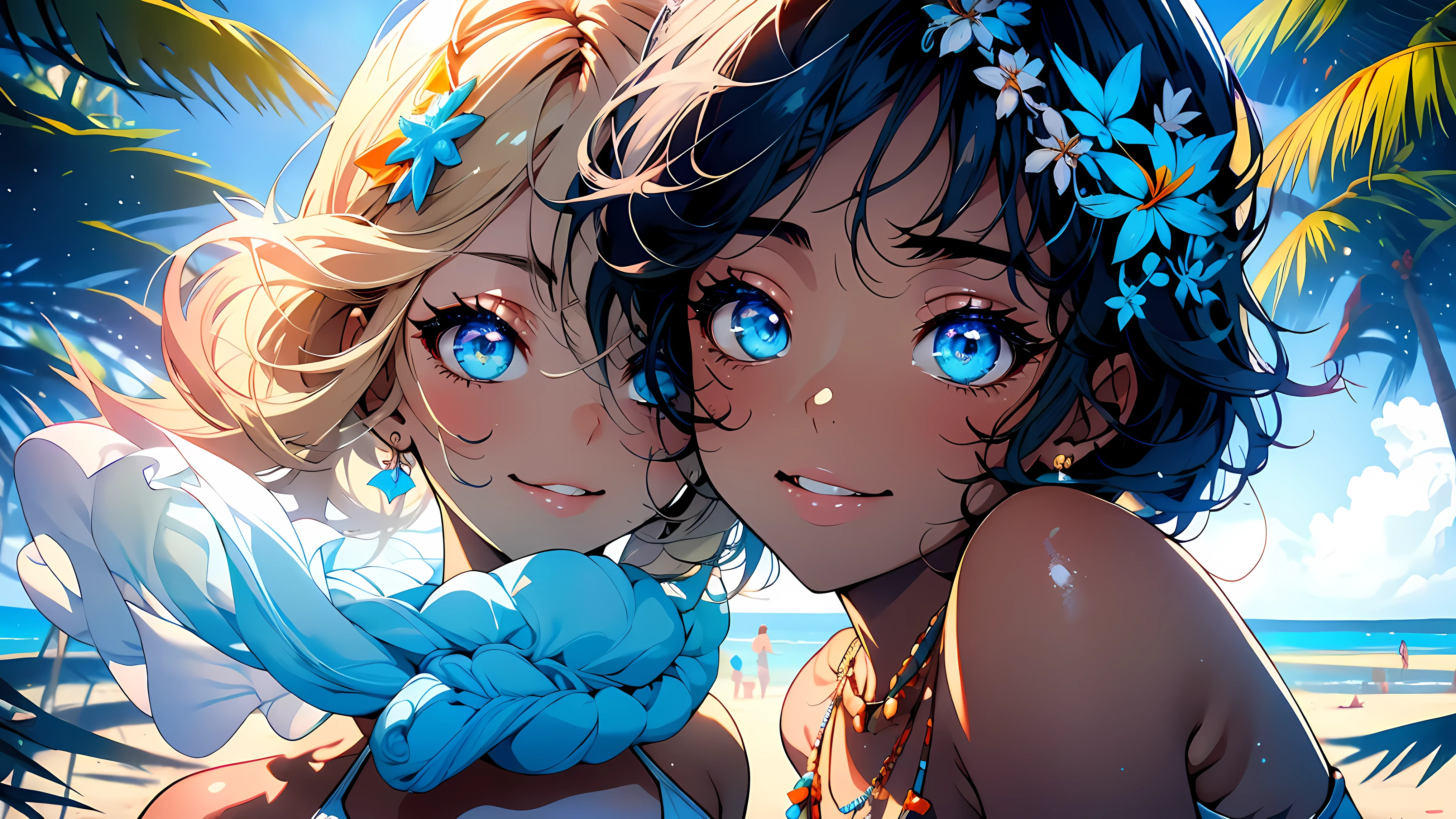 (best quality,highres),2 girls in bikini on a luxurious beach,[brown-skinned girl:black-skinned girl]. The girls have beautiful detailed eyes, plump lips, and stunning physiques. They are posing confidently and exuding sensuality. The beach is adorned with soft white sand and crystal-clear turquoise water. The sun is shining brightly, casting a warm and vibrant glow. The girls are surrounded by palm trees swaying gently in the tropical breeze. The atmosphere is filled with joy, relaxation, and luxury. The colors are vivid and vibrant, enhancing the overall beauty of the scene. The lighting is perfect, illuminating every detail and creating a flattering effect on the girls' bodies. The image is ultra-detailed and realistic, capturing every curve and texture. The composition is artistically pleasing, showcasing the beauty of the girls and the beach.