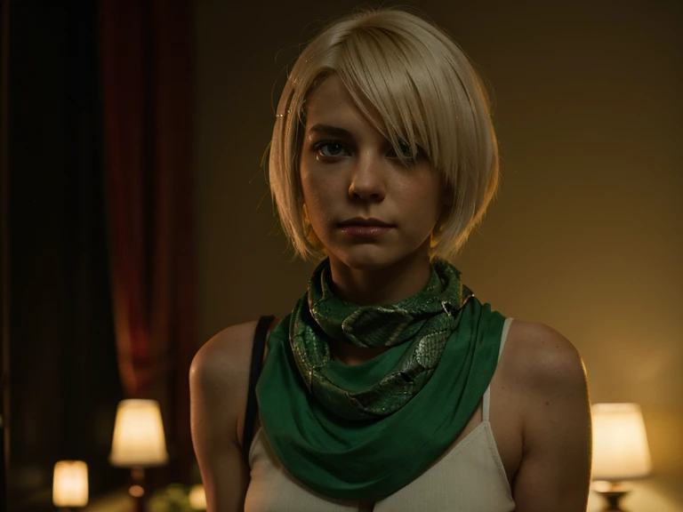 White Short hair, red eye, high quality, green lighting and sadness. A neck wrapped around a poisonous snake.