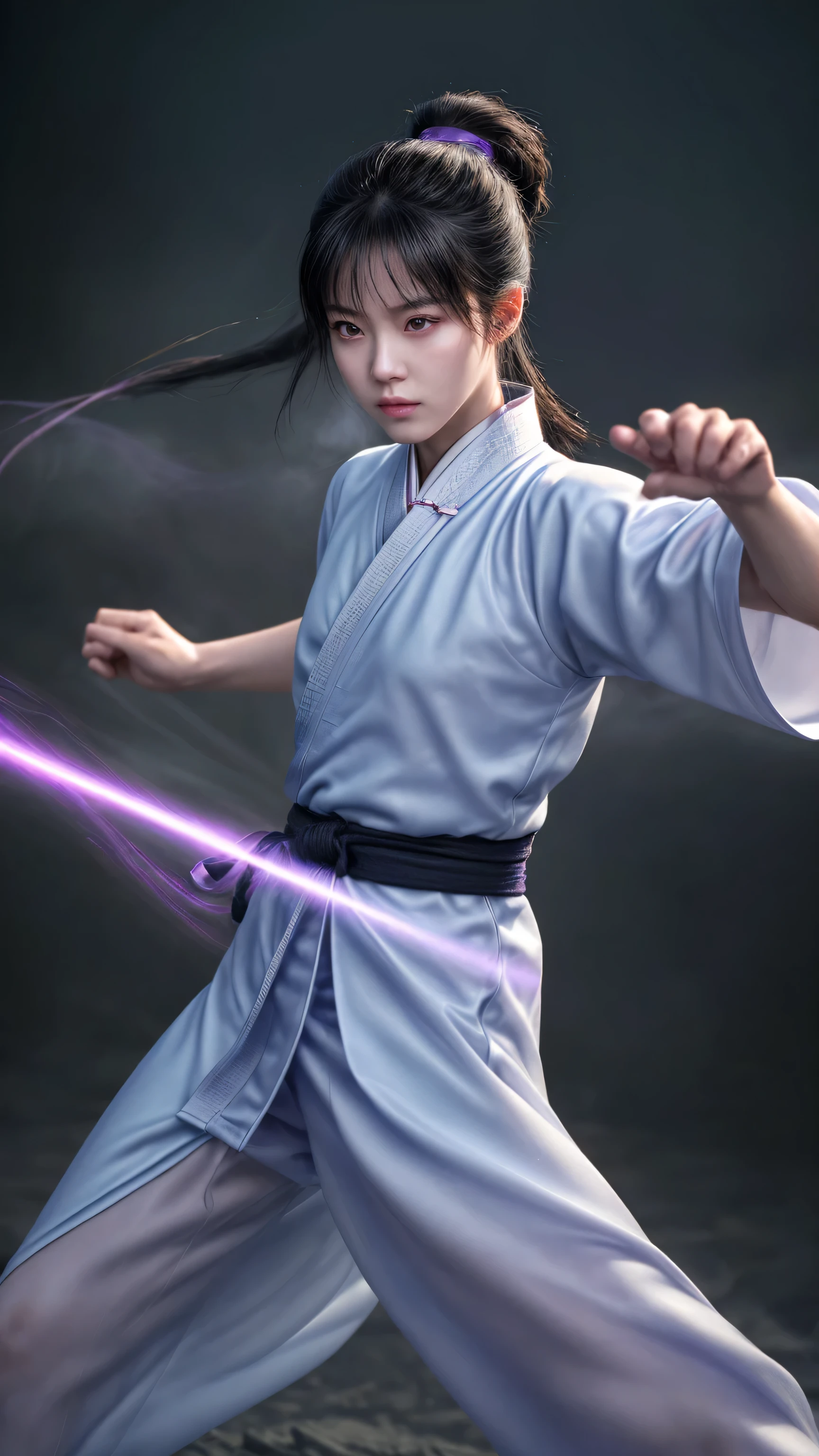 A handsome Chinese girl, Sharp eyes, Clear facial features, Wearing Hanfu, fighting stance, Martial Arts Action, The body is surrounded by purple mist, Surrounding Runes, Holographic Reality, Holographic Aura, Motion Blur, Game lighting effects, Rim Light, Soft Light, movie Rim Light, Exquisite lighting, masterpiece, Ultra Detailed, Epic creation, Ultra HD, high quality, best quality, 32k