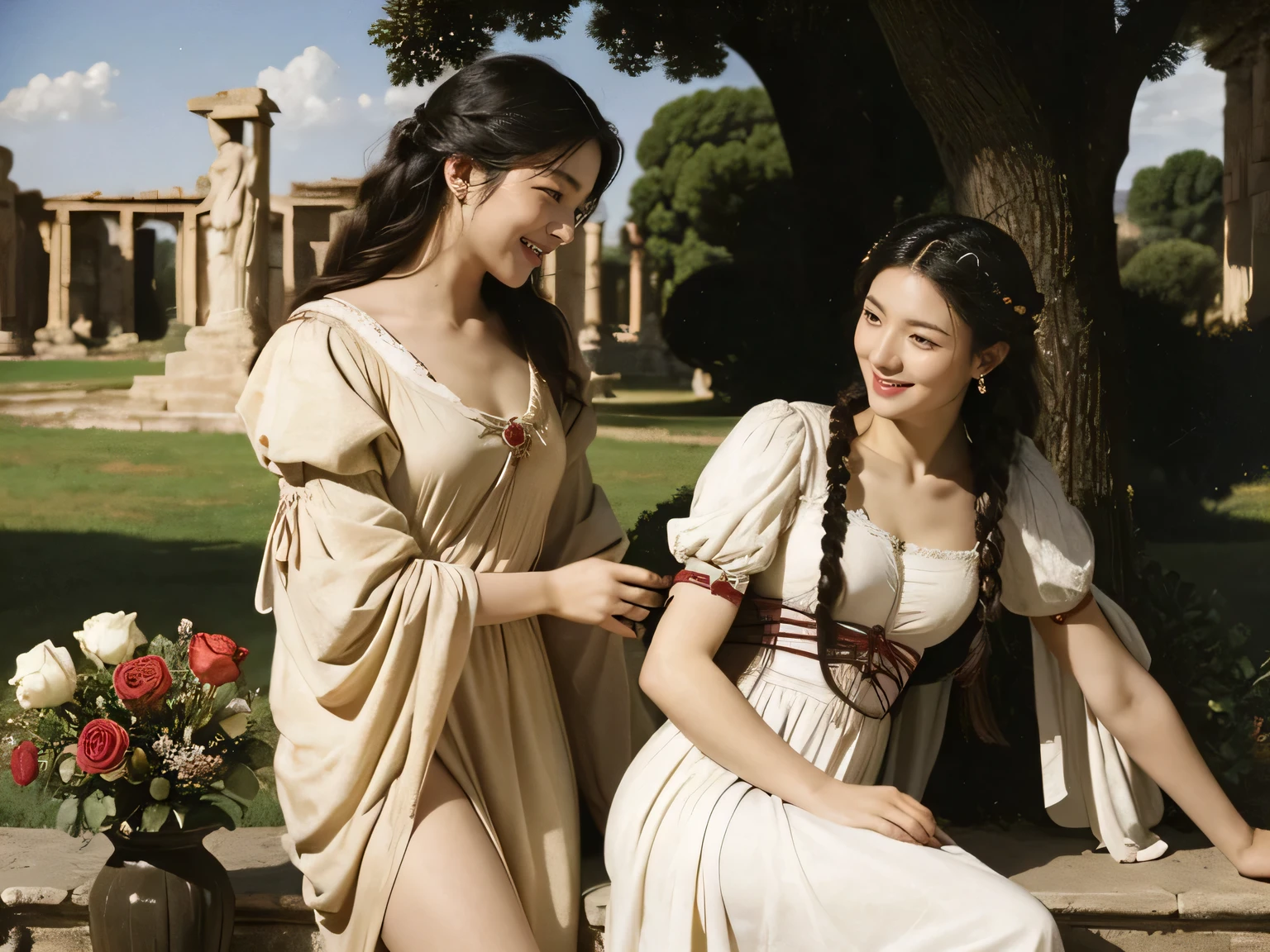 full body portrait or statue、Giorgione painting style,Arguments of two female Philosophe,math、astronomical machine、astronaut、roses in vase、fruits、Cute trinkets、smile、ancient greek costume、Ancient Roman landscape in the style of Nicolas Poussin,laughter,,Sweet and seductive appearance.、Caravaggio's paintings、Chiaroscuro of Caravaggio、hair tousled by the wind,Two women frolicking,cute smile, expression of ecstasy,Sexy,erotic,