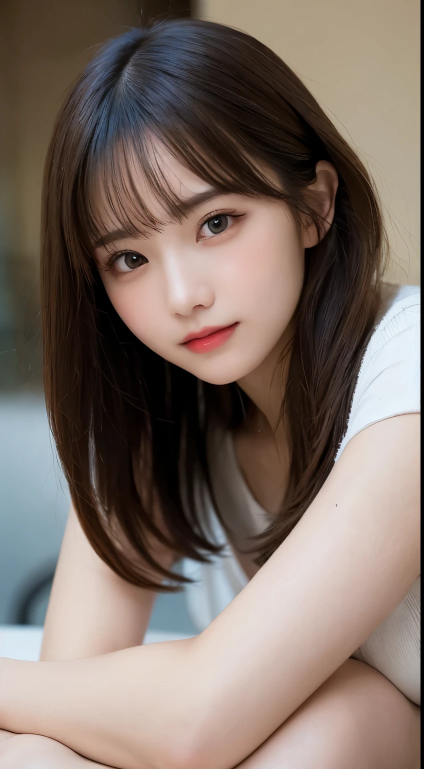 Tabletop, highest quality, shape, Very detailed, finely, High resolution, 8k wallpaper, 完璧なダイナミックな構shape, Beautiful and detailed, Short sleeve、Medium Hair,Big Breasts 、Natural color lip, Random sexy poses,smile,、20-year-old girl、Midnight、Beautiful and elaborate face、Perfect and beautiful face,Big eyes、RAW Photos、spread your arms and legs wide、Express your best emotions with your whole body、Beautiful and detailed、Small face、Beautiful Duplex、Slim face and figure、Blur the background