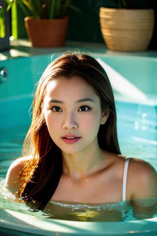 ultra high res.photo realistic: 1.4, UDH, wide shot, close up portrait of a woman face on (gldot) bathing in a bathhub, The image portrays a woman with a poised and demeanor, long white hair, looking at viewer, (backlighting), realistic, masterpiece, highest quality, lens flare, shade, bloom, bathroom, blur background