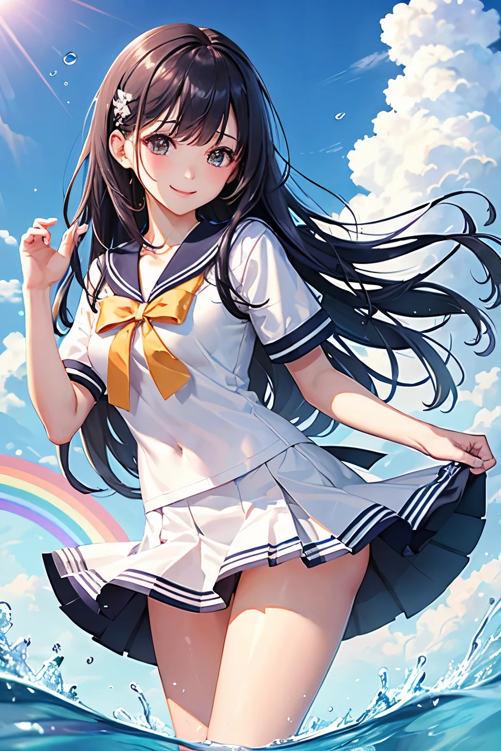 ((highest quality、Masterpiece、Normal body、8k、Detailed face、Ultra-precision、Normal hand、Normal finger、5Finger、Highest))Sailor suit、Miniskirt、High leg、Gentle Breeze、Shy smile、Courtesy、hold the skirt with both hands、water droplets、rainbow