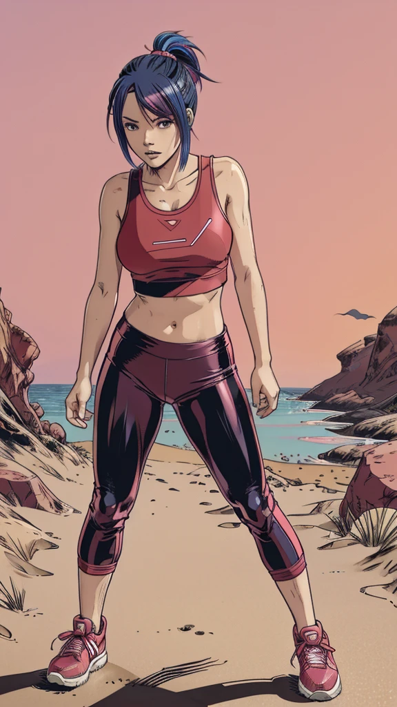 vector image, close-up, anime, junior girl,colored hair, gloomy orgasm,blush, sporty leggings, sporty top, near quicksand bog,red, blue,sneakers, sexy provocative photo session, standing