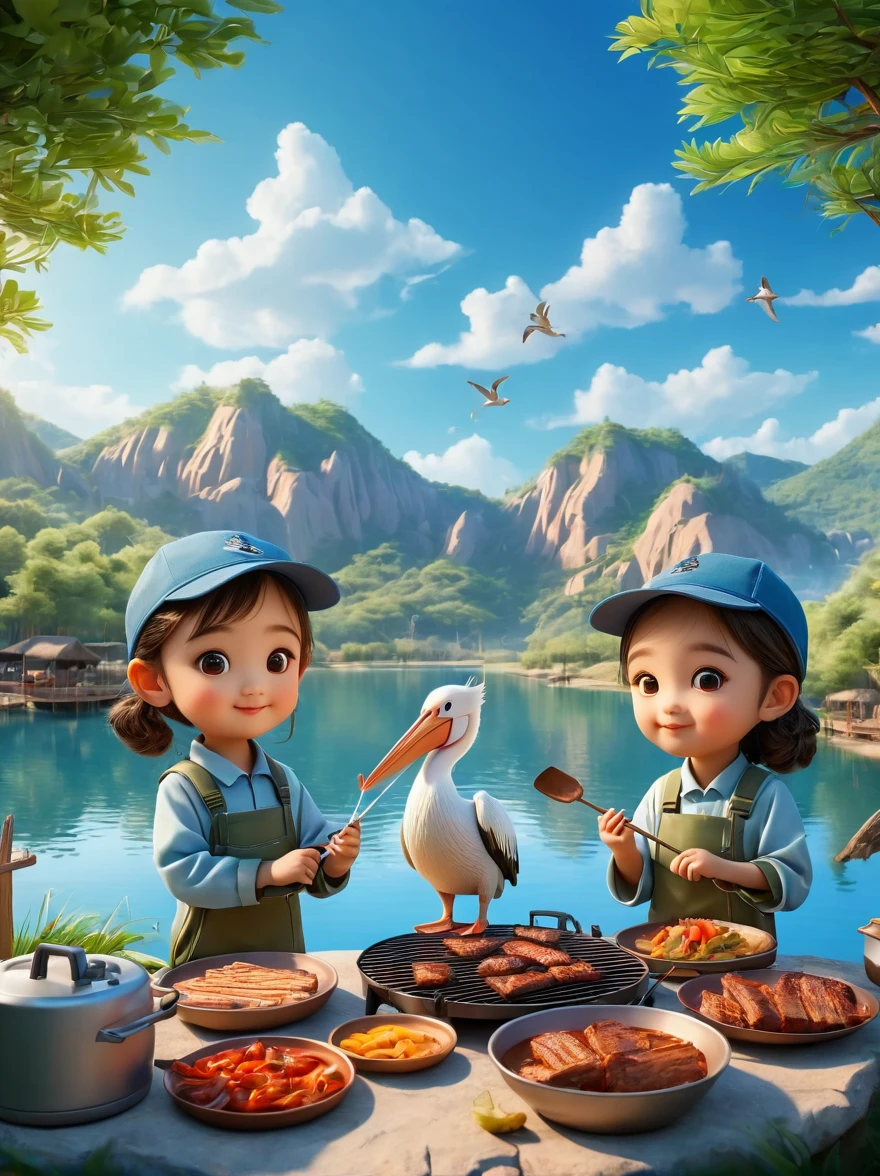 A cute boy and girl，Tented camp，Spring Outing，lake，Natural Scenes，barbecue，Blue sky natural background，Official Pelican Office，Wide Angle，Clay Materials，Clean background，Character IP，Skyline design，3D，C4D，Xin value dye，Mixer，Natural light，Light and shadow，Very high detail with rim light，Intricate details，Medium shooting，8k