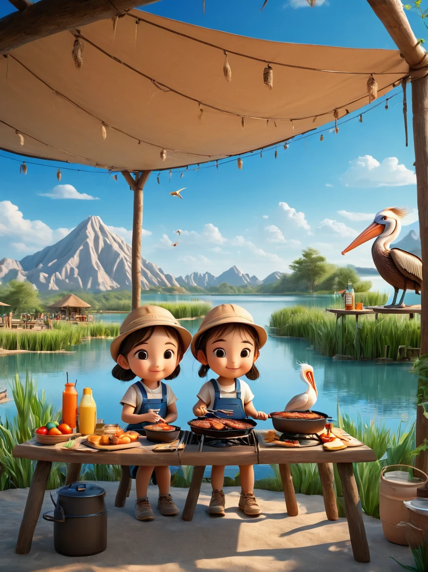 A cute boy and girl，Tented camp，Spring Outing，lake，Natural Scenes，barbecue，Blue sky natural background，Official Pelican Office，Wide Angle，Clay Materials，Clean background，Character IP，Skyline design，3D，C4D，Xin value dye，Mixer，Natural light，Light and shadow，Very high detail with rim light，Intricate details，Medium shooting，8k