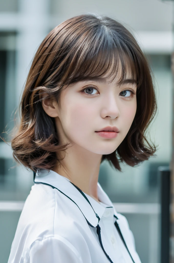 ( masterpiece, top quality, best quality,8k, girl,ultra detailed,raw photo:1.5),(photorealistic:1.4),(cinematic lighting), PerfectNwsjMajic, , Surrealism, UHD, ccurate, Super detail, textured skin, High detail, Best quality, dynamic angle, (high nose,White skin),[Beautiful blue eyes],(1girl),(good anatomy:0.5)), parted bangs, office attire 