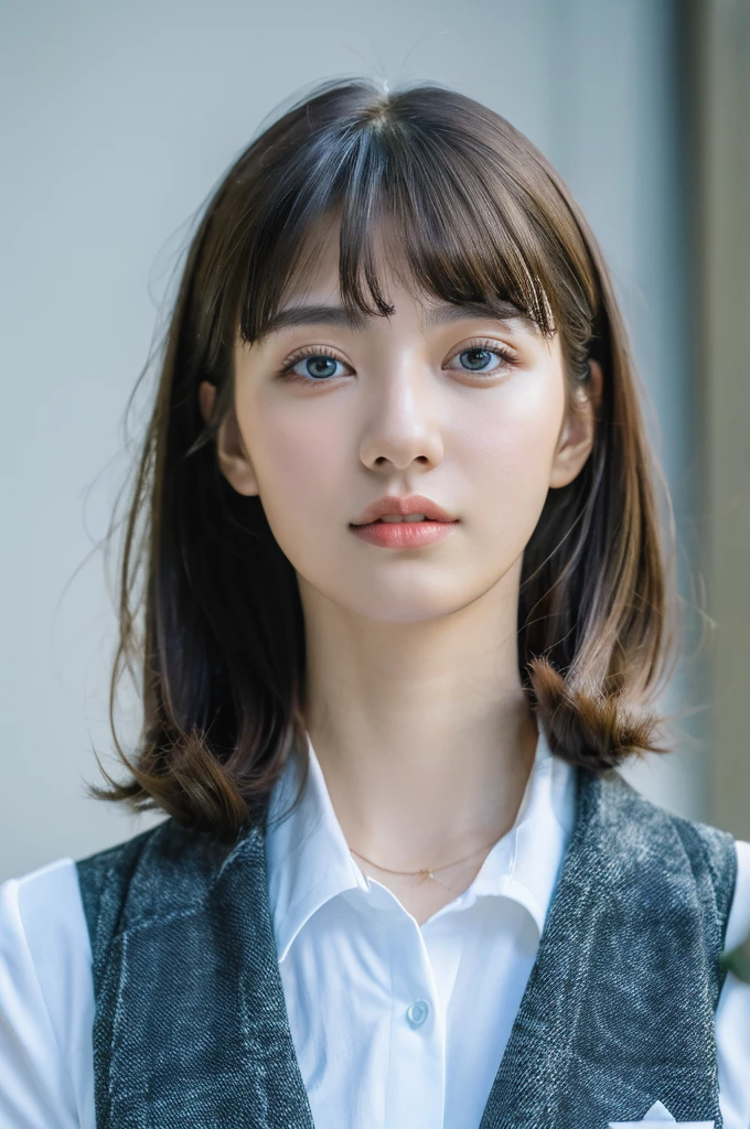 ( masterpiece, top quality, best quality,8k,17 years old girl,ultra detailed,raw photo:1.5),(photorealistic:1.4),(cinematic lighting), PerfectNwsjMajic, , Surrealism, UHD, ccurate, Super detail, textured skin, High detail, Best quality, dynamic angle, (high nose,White skin),[Beautiful blue eyes],(1girl),(good anatomy:0.5)), parted bangs, office attire 