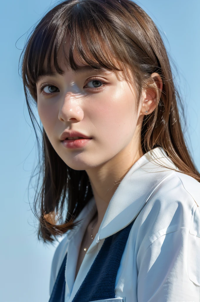 ( masterpiece, top quality, best quality,8k,17 years old girl,ultra detailed,raw photo:1.5),(photorealistic:1.4),(cinematic lighting), PerfectNwsjMajic, , Surrealism, UHD, ccurate, Super detail, textured skin, High detail, Best quality, dynamic angle, (high nose,White skin),[Beautiful blue eyes],[flat chest:large breasts:0.5],(1girl),(good anatomy:0.5)), parted bangs, schools uniform 