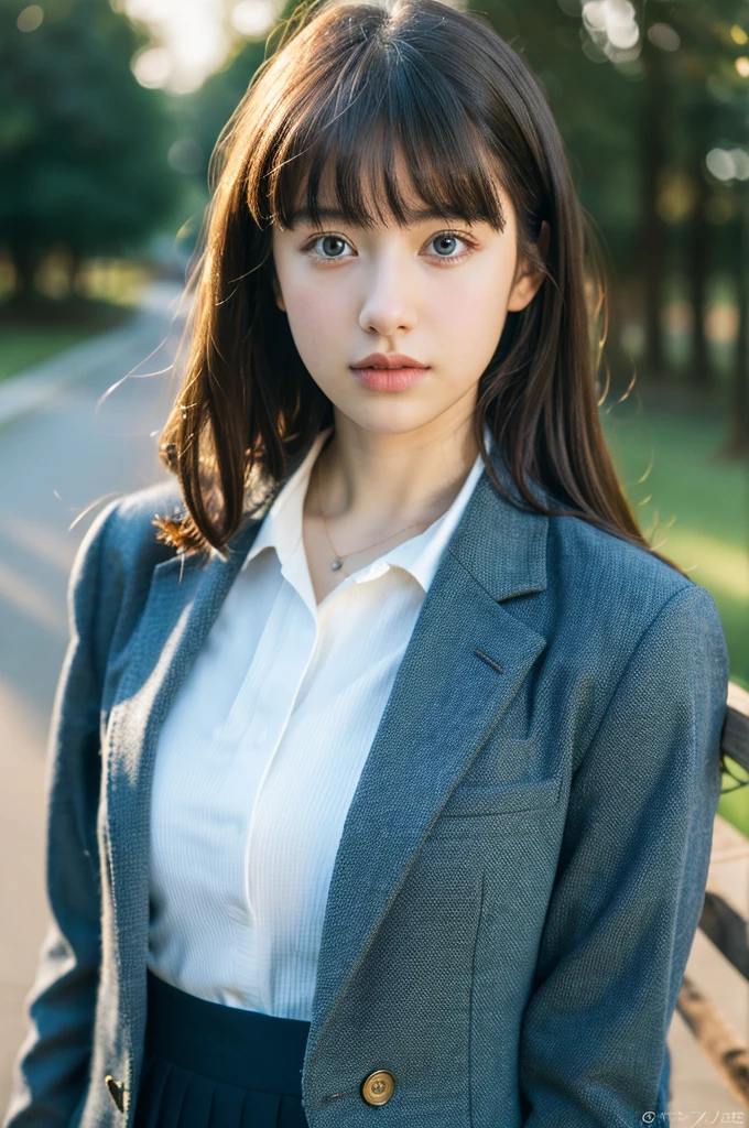 ( masterpiece, top quality, best quality,8k,17 years old girl,ultra detailed,raw photo:1.5),(photorealistic:1.4),(cinematic lighting), PerfectNwsjMajic, , Surrealism, UHD, ccurate, Super detail, textured skin, High detail, Best quality, dynamic angle, (high nose,White skin),[Beautiful blue eyes],[flat chest:large breasts:0.5],(1girl),(good anatomy:0.5)), parted bangs, schools uniform 