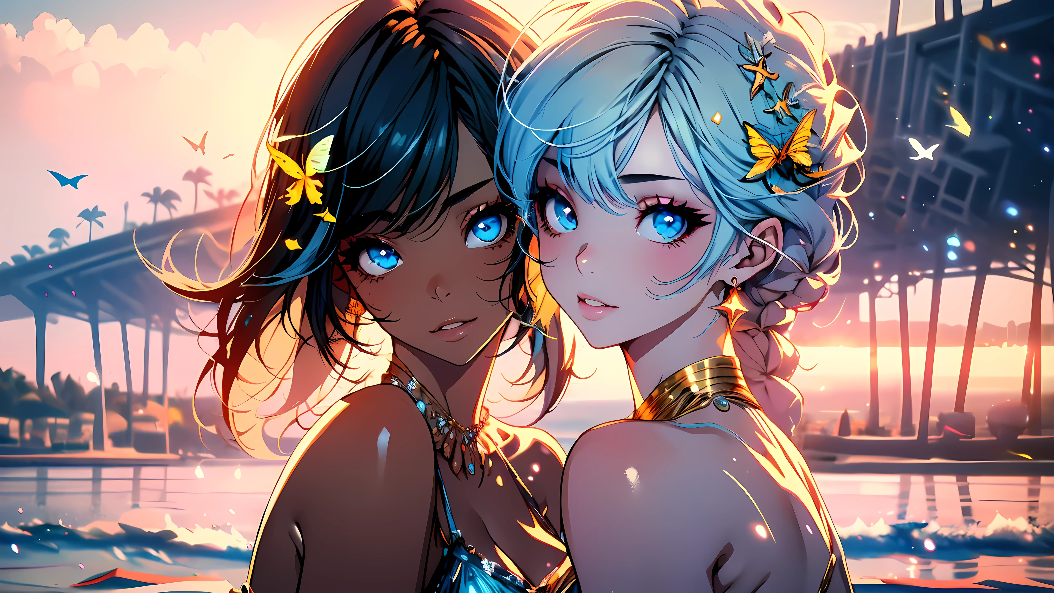 (best quality,highres,ultra-detailed),(realistic:1.37) portrait of 2 girls in bikinis at a luxurious beach. One girl has fair white skin while the other has beautiful dark skin. The girls are posing in a seductive and sexy manner, radiating confidence and allure. The soft golden sunlight gently kisses their flawless skin, creating a warm and captivating atmosphere. The girls' eyes are mesmerizing, with long fluttering lashes that enhance their already stunning features. Their lips are perfectly pouty, adding a hint of sensuality to their expressions. The vibrant colors of the beach and crystal-clear blue water contrast beautifully with the girls' swimsuits, which are designed with intricate patterns and meticulous attention to detail. The sand beneath their feet is soft and powdery, with delicate footprints left behind as they stroll along the shoreline. In the background, there are luxurious beach villas with elegant architecture, showcasing the epitome of luxury and indulgence. The whole scene exudes a sense of glamour and sophistication, inviting viewers to immerse themselves in the beauty of these two friends enjoying a day of relaxation and sunshine.