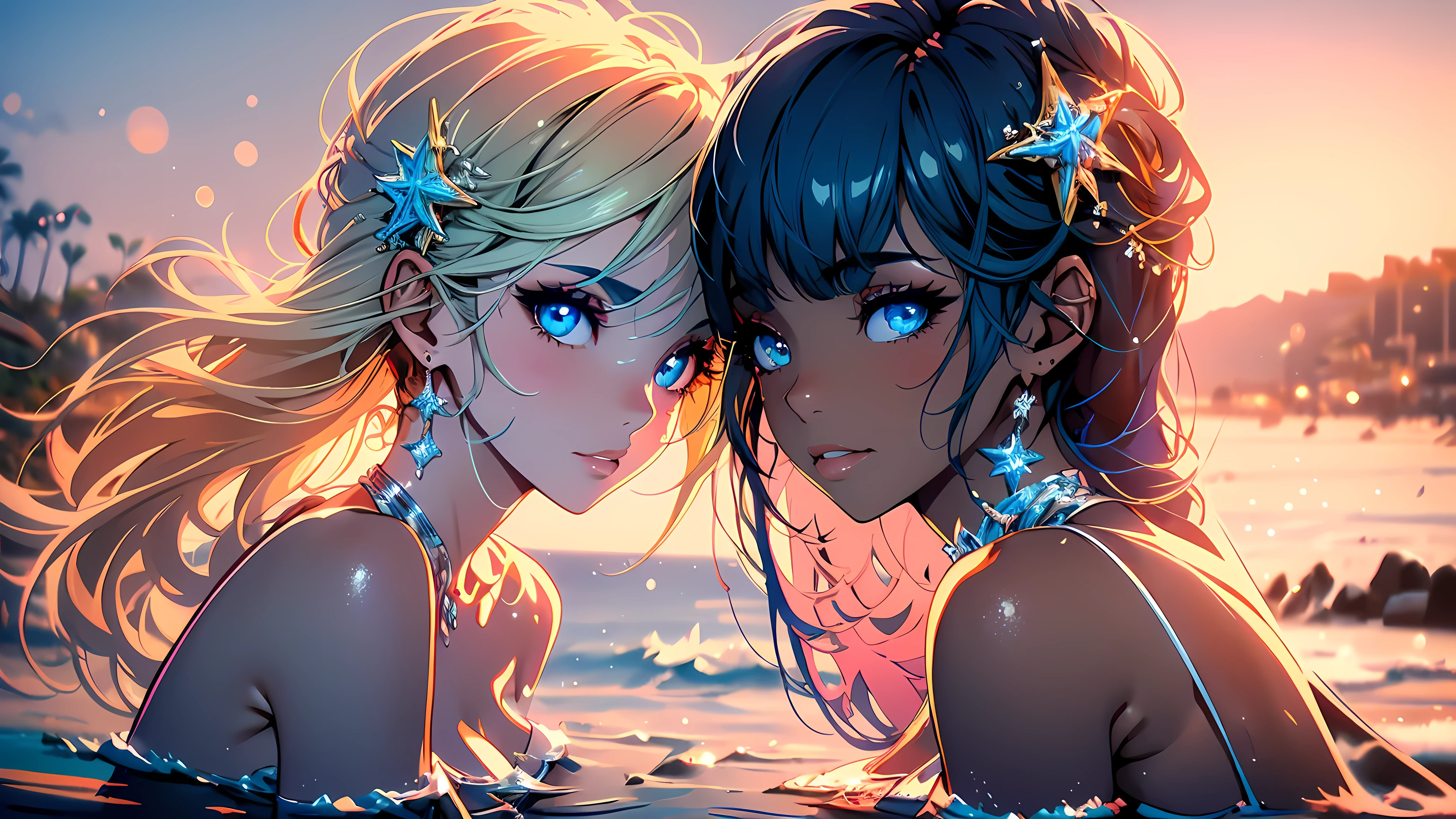 (best quality,highres,ultra-detailed),(realistic:1.37) portrait of 2 girls in bikinis at a luxurious beach. One girl has fair white skin while the other has beautiful dark skin. The girls are posing in a seductive and sexy manner, radiating confidence and allure. The soft golden sunlight gently kisses their flawless skin, creating a warm and captivating atmosphere. The girls' eyes are mesmerizing, with long fluttering lashes that enhance their already stunning features. Their lips are perfectly pouty, adding a hint of sensuality to their expressions. The vibrant colors of the beach and crystal-clear blue water contrast beautifully with the girls' swimsuits, which are designed with intricate patterns and meticulous attention to detail. The sand beneath their feet is soft and powdery, with delicate footprints left behind as they stroll along the shoreline. In the background, there are luxurious beach villas with elegant architecture, showcasing the epitome of luxury and indulgence. The whole scene exudes a sense of glamour and sophistication, inviting viewers to immerse themselves in the beauty of these two friends enjoying a day of relaxation and sunshine.