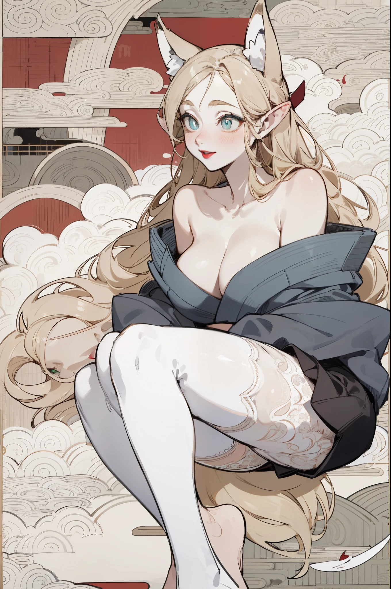 White skin, (Fox ears), Exquisite eyes,Red Eyeshadow, Red lips,Fake laugh, Ukiyo-e, masterpiece, high quality, at the lowest limit, Tiny,Barefoot，Huge breasts，Bare shoulders，，Lace，Lace stockings，Lace skirt，Maid，Wearing white tights