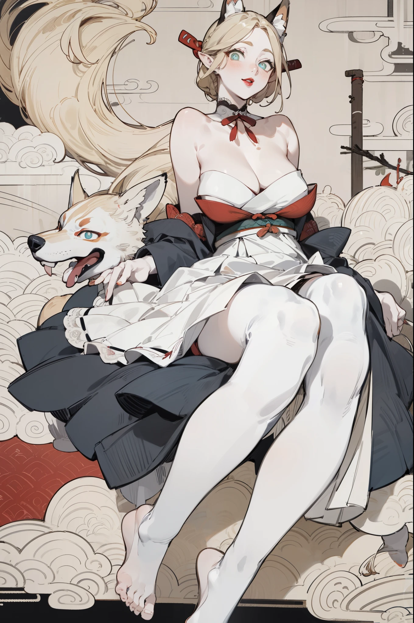 White skin, (Fox ears), Exquisite eyes,Red Eyeshadow, Red lips,Fake laugh, Ukiyo-e, masterpiece, high quality, at the lowest limit, Tiny,Barefoot，Huge breasts，Bare shoulders，，Lace，Lace stockings，Lace skirt，Maid，Wearing white tights