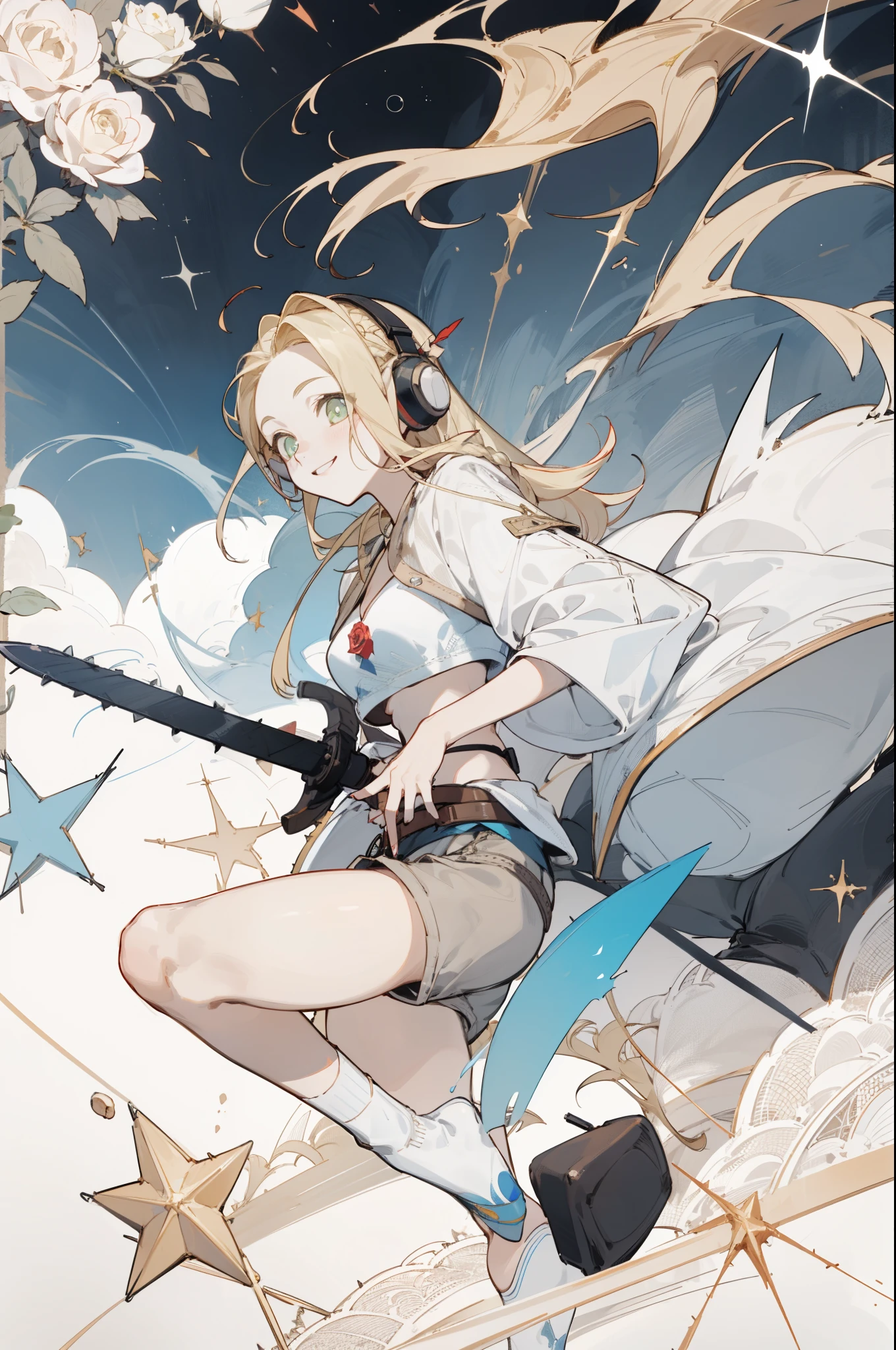 Wearing a bikini、Wearing a hat and a sword, Wearing headphones,(masterpiece, best quality) detailed,silver accessories , Blonde ,elegant, Pointed ears ,White shirt,shorts,Double tail,Waist-length hair,Smile,Star decoration,White lace socks,thorns,Rose